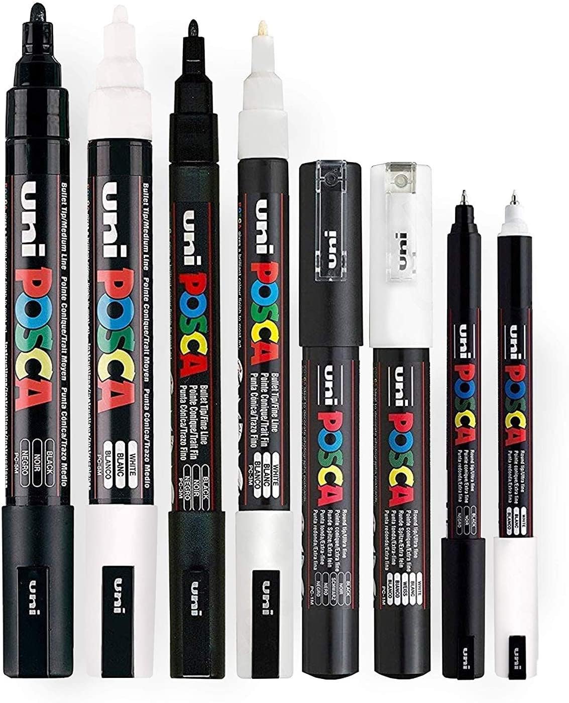 POSCA Black & White - Fine to Medium Set of 8 Pens (PC-5M, PC-3M, PC-1M, PC-1MR)