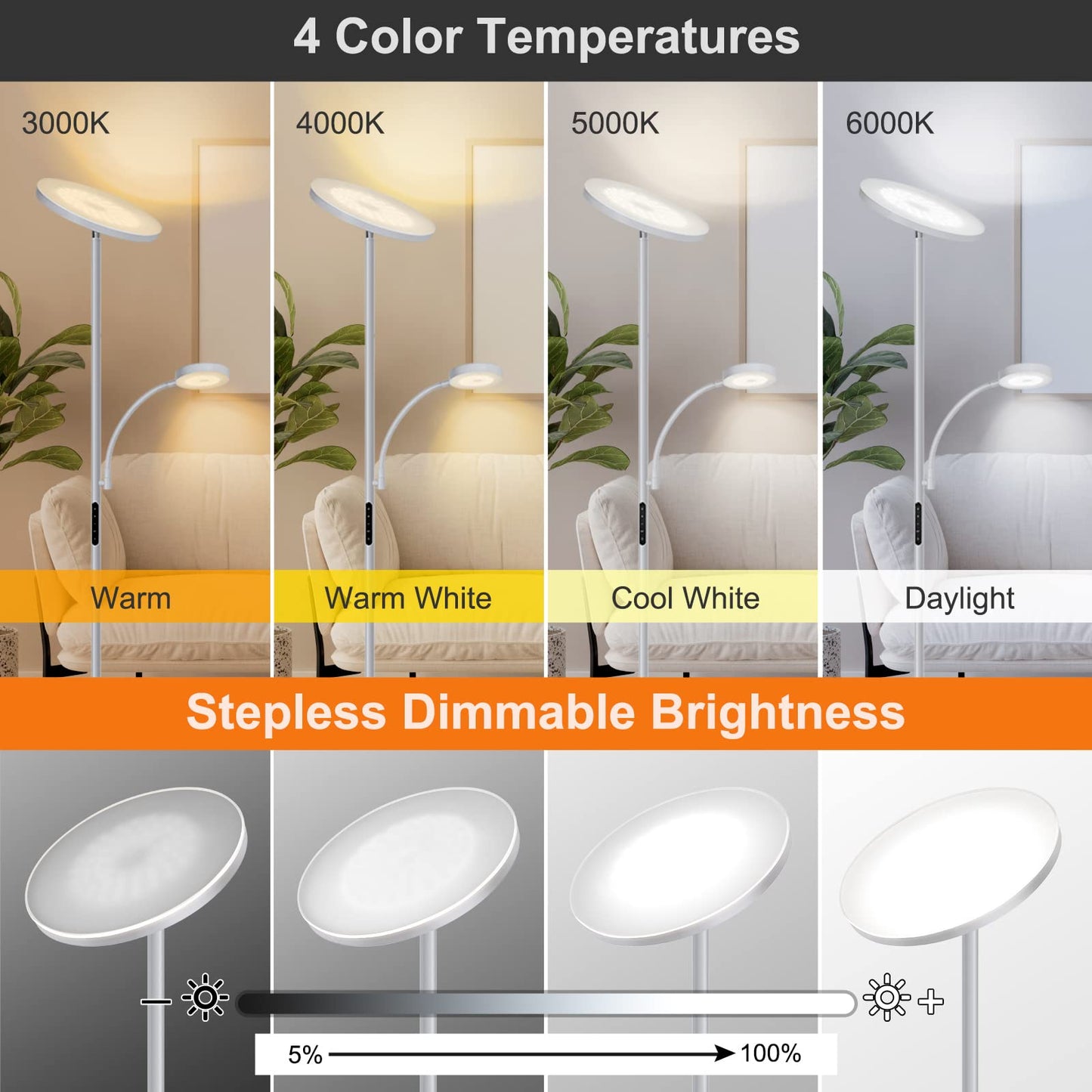 OUTON LED Floor Lamp with Adjustable Reading Lamp, 27W Main Light & 7W Reading Lamp, Dimmable Standing Lamp with 4 Color Temperature, Remote & Touch Control for Living Room Bedroom Office, Grey