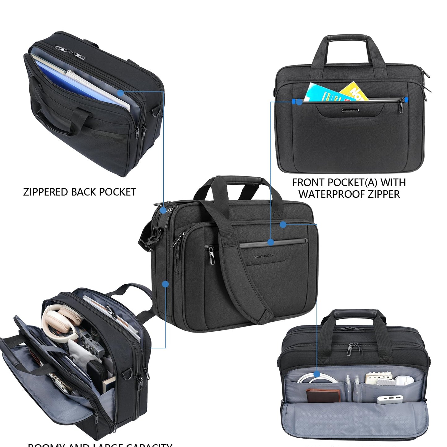 VANKEAN Laptop Briefcase Premium Laptop Case Fits Up to 17.3 Inch Business Shoulder Bag Laptop Expandable Water-Repellent