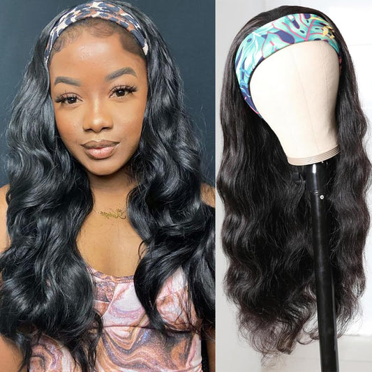 Body Wave Headband Wig Human Hair 150% Density Glueless Wig for Black Women No Lace Front Machine Made Short Half Wig Beginner Friendly Natural Color 12inch