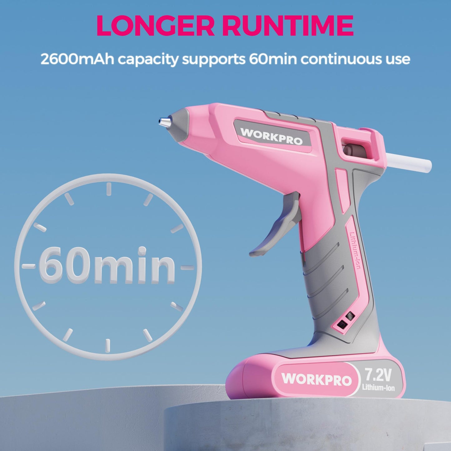 WORKPRO Pink Cordless Hot Melt Glue Gun, 7.2V Rechargeable Fast Preheating Glue Gun Kit with 20 Pcs Premium Mini Glue Stick, Use While Charging, Automatic-Power-Off Glue Gun for Art, Craft, Decoration