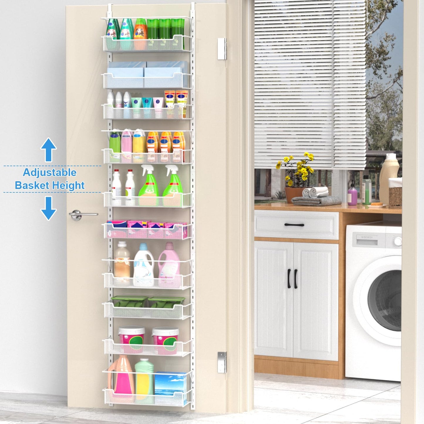 VyGrow 10-Tier Over the Door Pantry Organizer with Adjustable Basket, Pantry Door Organization for Pantry Kitchen Storage Room Spice Rack, White