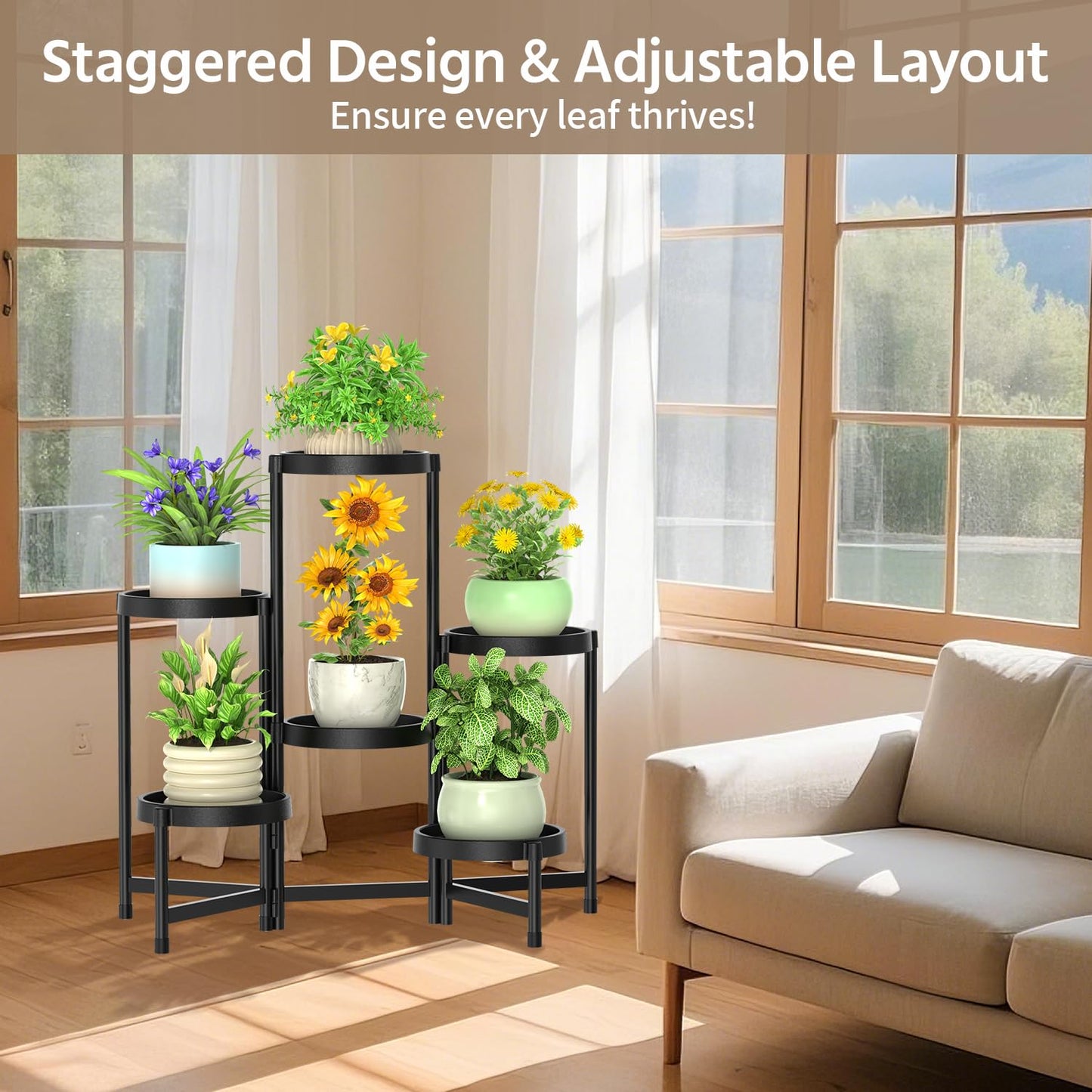 LASZOLA 6 Tiered Folding Plant Stand Indoor for Multiple Large Planter, Tall Heavy Duty Adjustable Rack with Rust Proof Plastic Shelving, Sturdy Vertical Tree Organizer for Narrow Inside Floor, Black