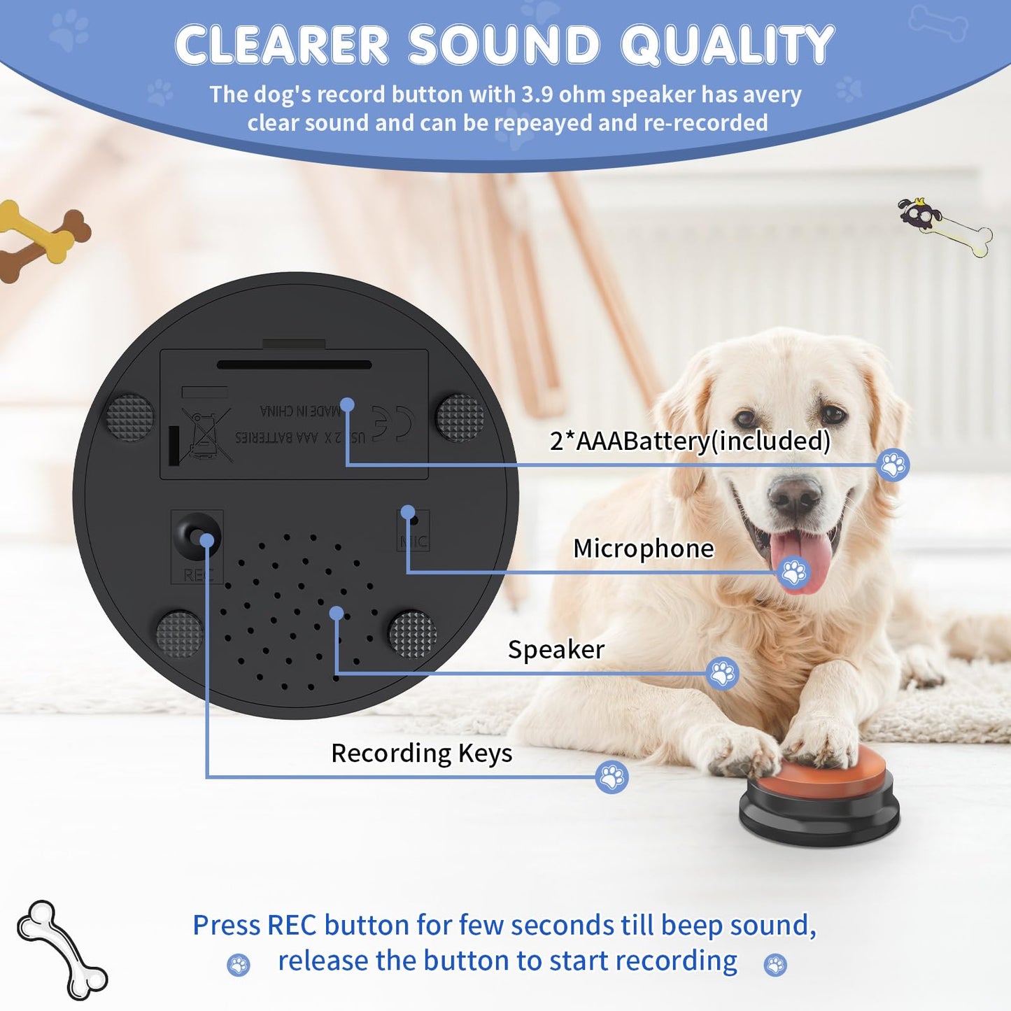 Dog Buttons for Communication,8 PCS 30s Recordable Voice Pet Training Button,with Training Manual Book+16 AAA Batteries+24 Scene Modes+1Dog Button Mat (Dog Buttons for Communication)