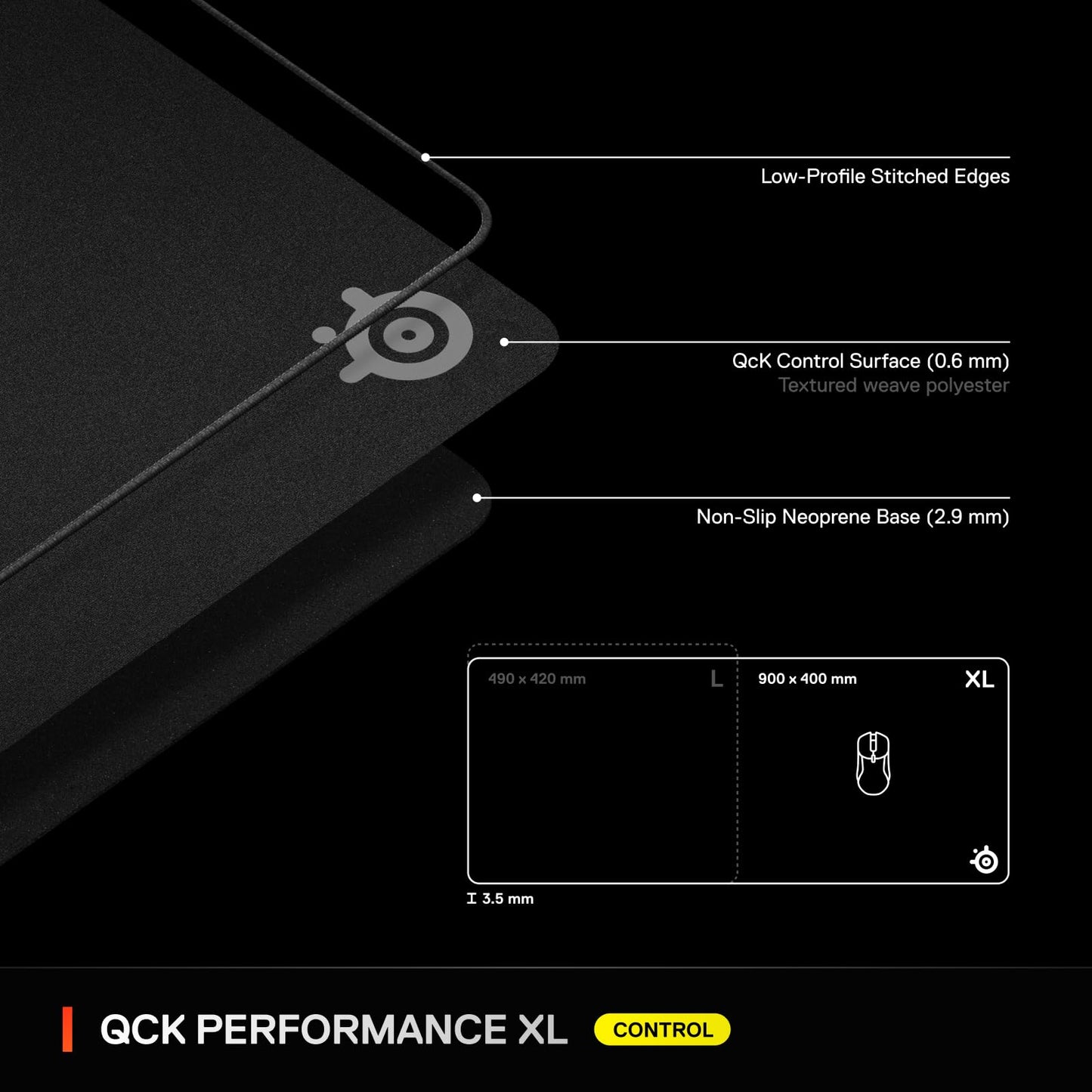 SteelSeries QcK XL Performance Control Gaming Mousepad — Extra Density for a Smooth Glide — Low-Profile Edge Stitching — Non-Slip Neoprene Rubber Base — 15.75 x 34.43 inch — FPS, MOBAs, RTS, MMO