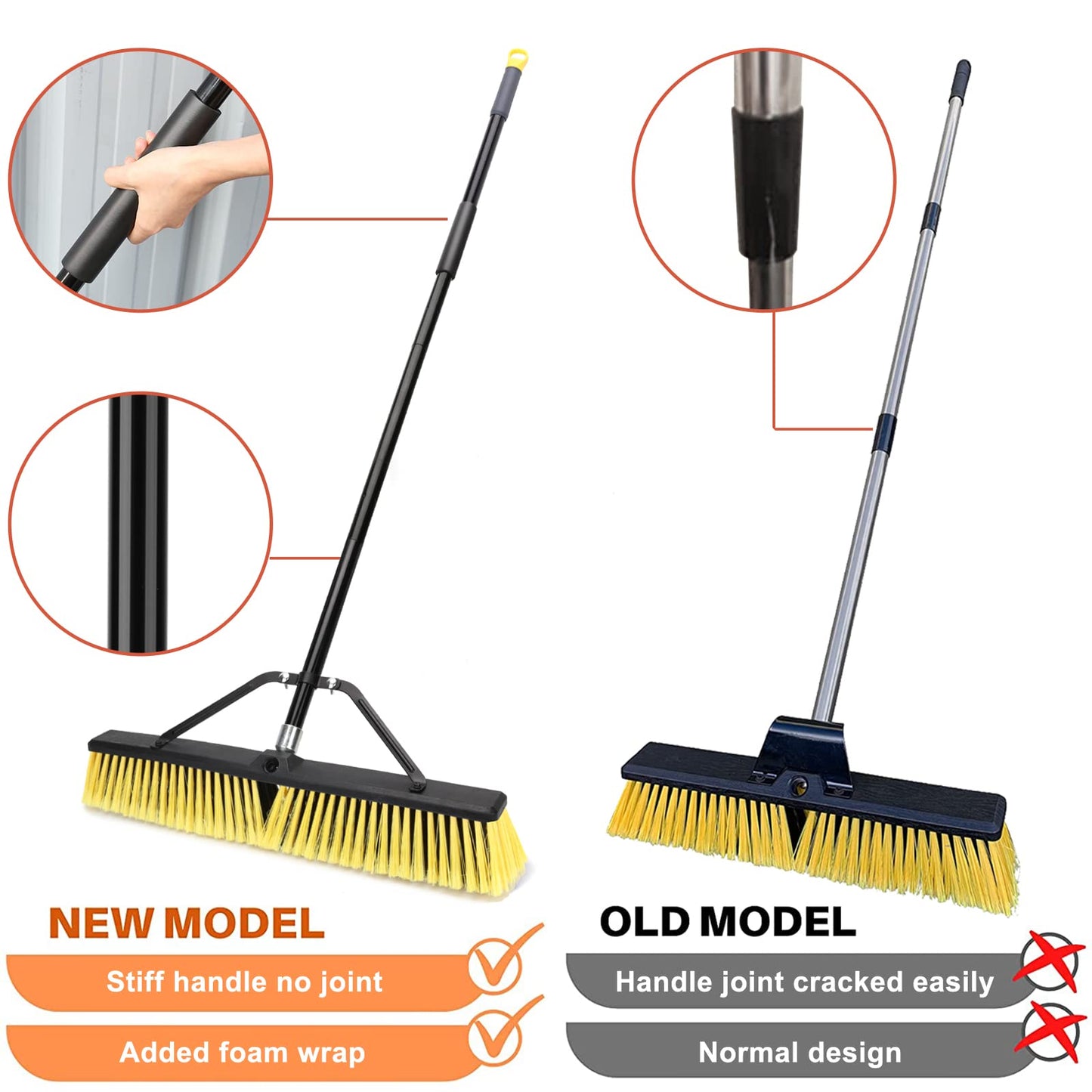24 Inches Push Broom Outdoor Heavy Duty Broom with 63" Long Handle for Deck Driveway Garage Yard Patio Concrete Floor Cleaning Yellow