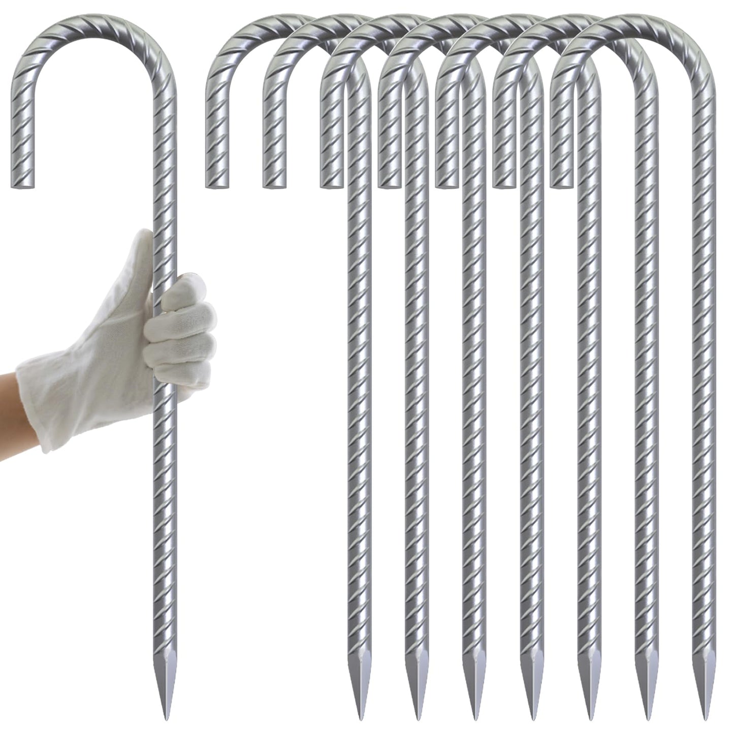 AAGUT 16" Rebar Tent Stakes Heavy Duty J Hook Ground Anchors Galvanized Steel Metal Garden Stake Yard Landscape Spikes 8 Pack for Dog Dig Defence, Chain Link Fence, Canopy