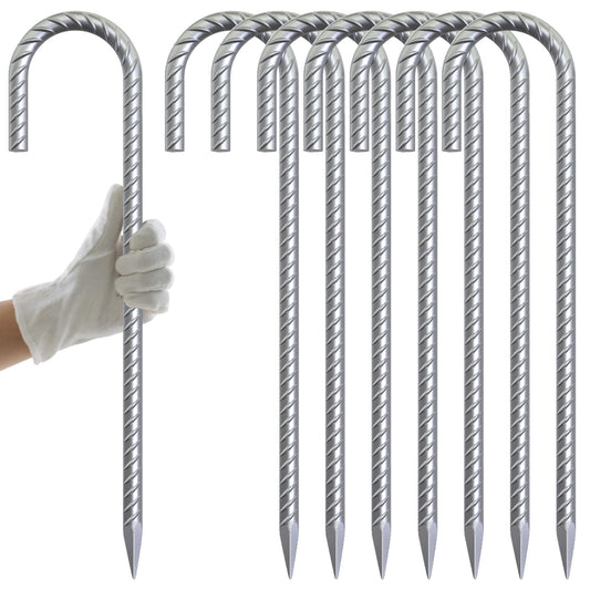 AAGUT 16" Rebar Tent Stakes Heavy Duty J Hook Ground Anchors Galvanized Steel Metal Garden Stake Yard Landscape Spikes 8 Pack for Dog Dig Defence, Chain Link Fence, Canopy