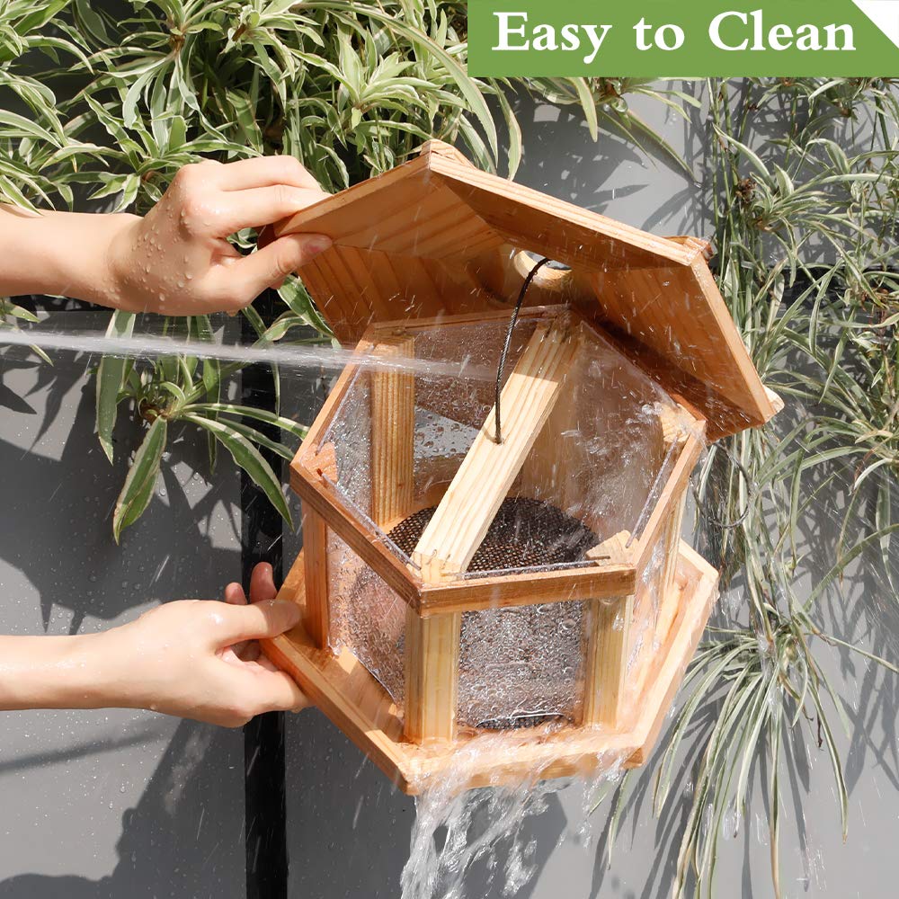 Solution4Patio Hexagon Shaped Gazebo Bird Feeder, USA Cedar, Mangeur d'oiseaux extérieur, Hollow Mesh Tray, Large Capacity, Easy to Clean & Fill, 9.6" Dia. X 8.7" Tall