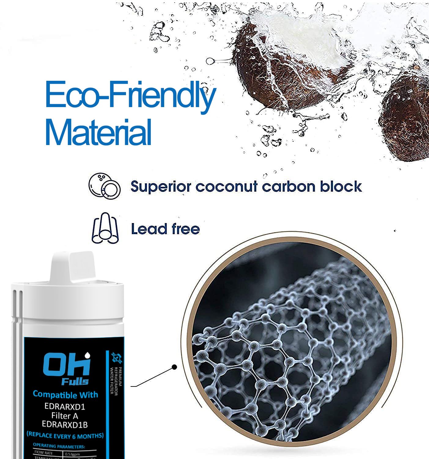 OHFULLS EDRARXD1 Refrigerator Water Filter Replacement, Compatible with EDRARXD1, Everydrop Filter A, EDRARXD1B (2 Pack)