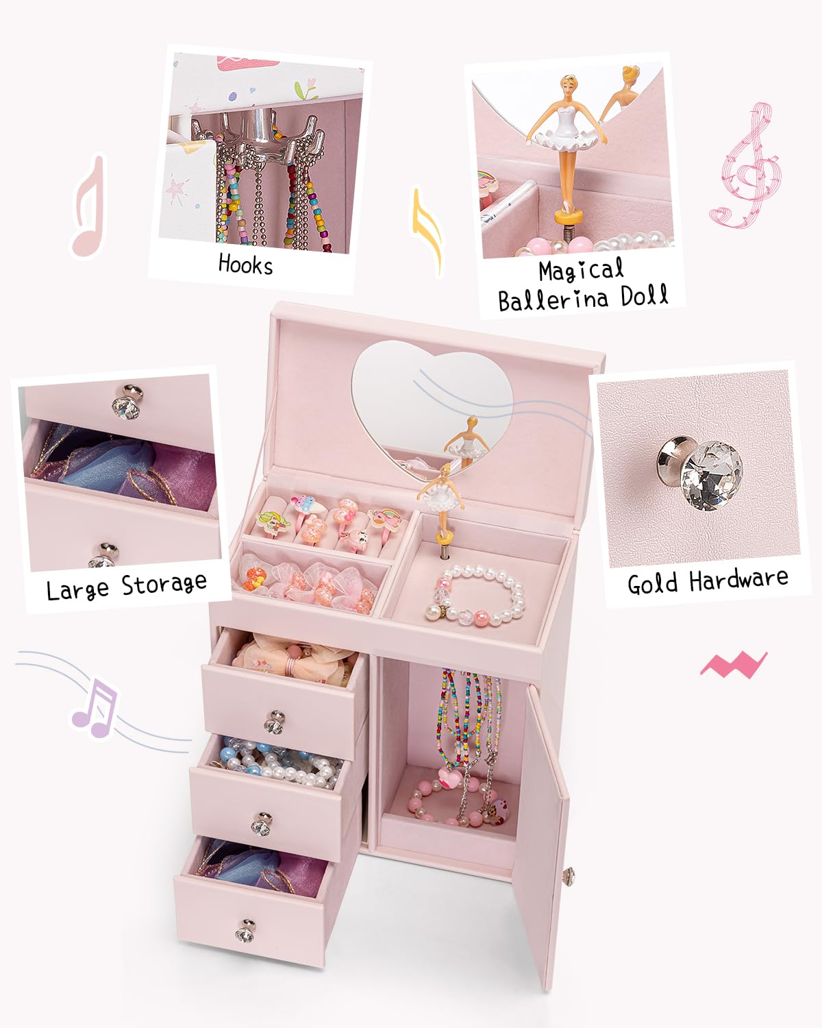 Vlando Musical Jewelry Box for Girl,4 Layer Large Music Jewelry Boxes with Ballerina,Girls Jewelry Box with Mirror, Birthday Childrens Gifts,Girls Gifts 8-12 years old,Light Pink