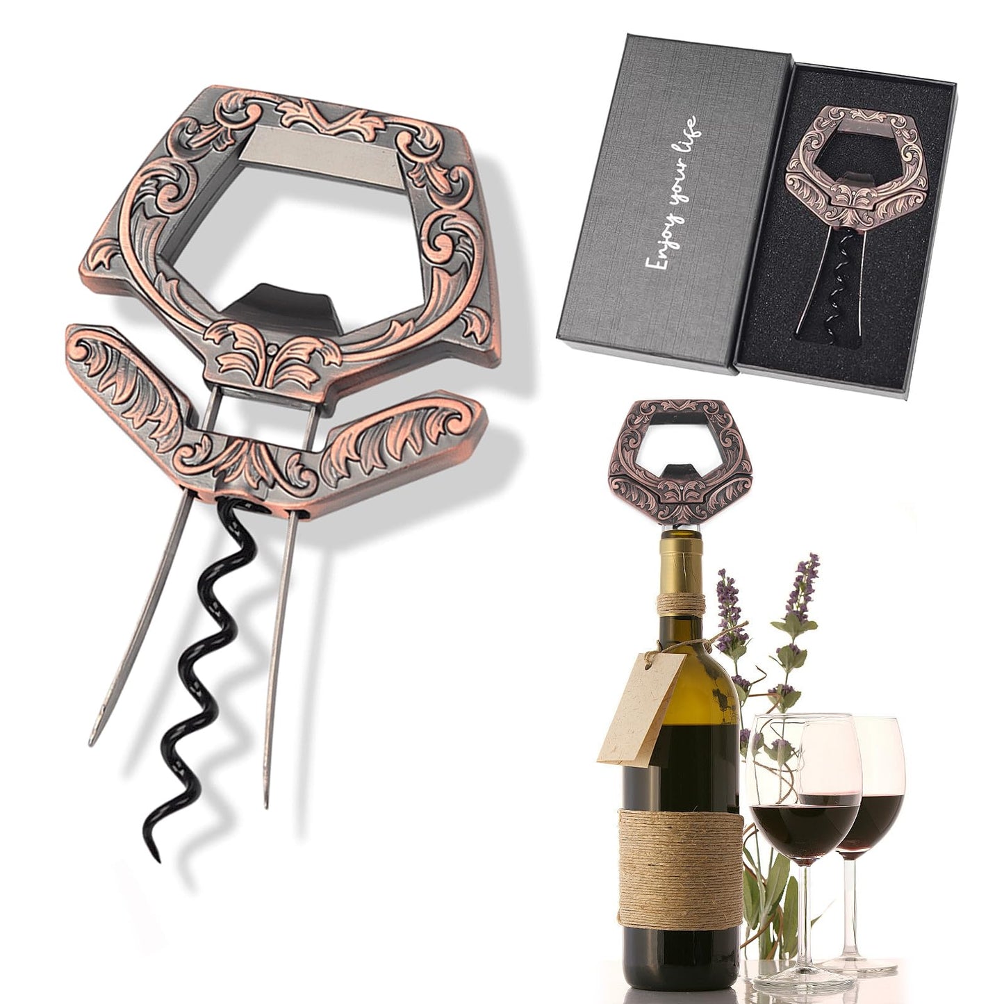 KERHAND 3 in 1 Ah So Two Prong Wine Opener & Cork Remover,It Can Remove The Older and Fragile Wine Corks so Easy for Connoisseurs to Uncork (Copper)