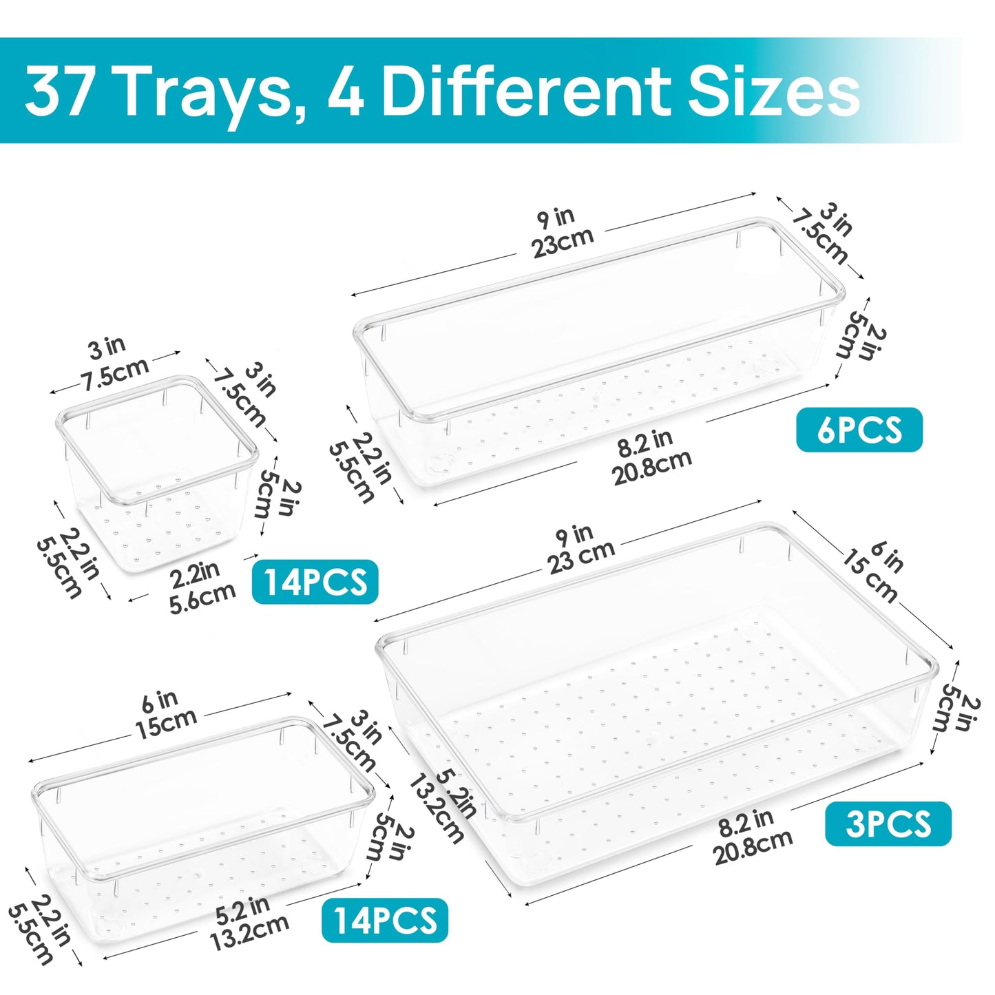 Vtopmart 37 PCS Plastic Clear Drawer Organizer, Acrylic Desk Drawer organizers, Organization and Storage for Makeup, Bathroom, Office, Cabinet, kitchen, Bedroom