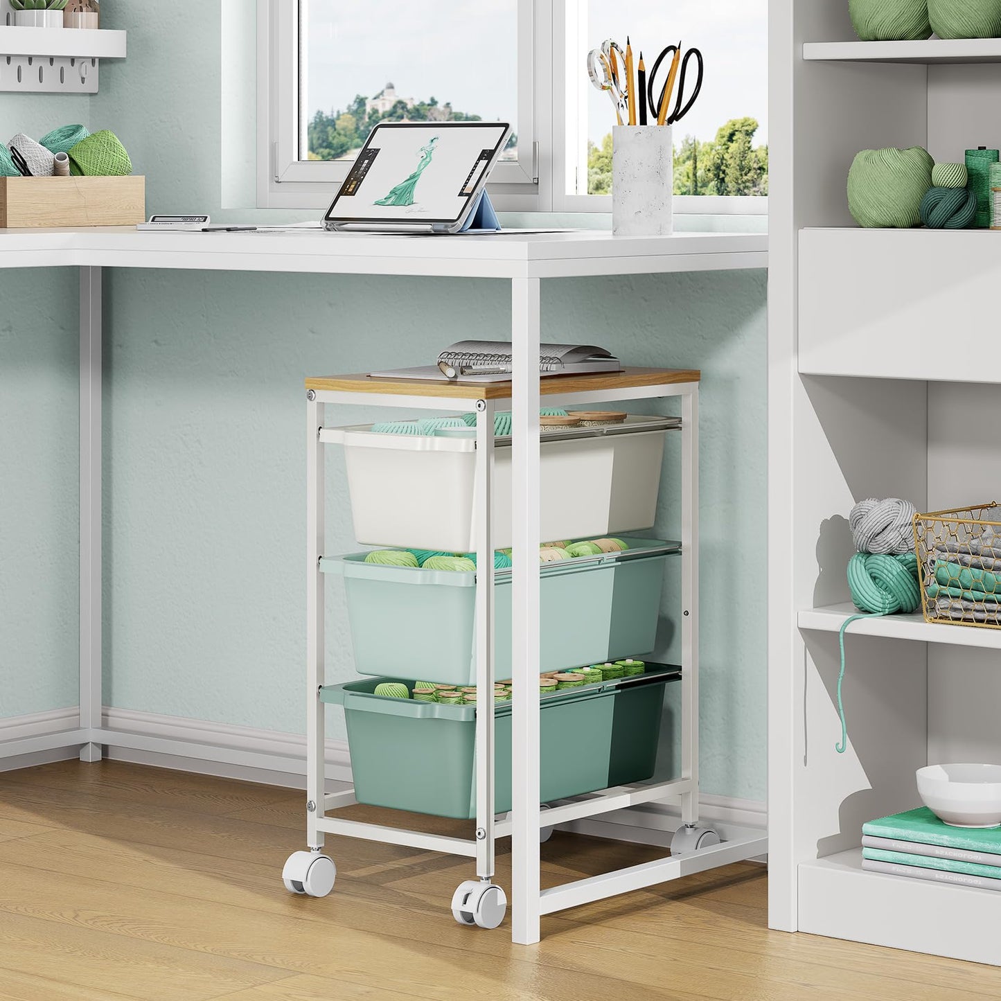 Rolling Storage Cart with 3 Drawers, Craft Organizer, Wooden Tabletop Utility Cart for Bedroom, Children's Room and Office Organization, Under Desk Trolley with Lockable Wheels, Green