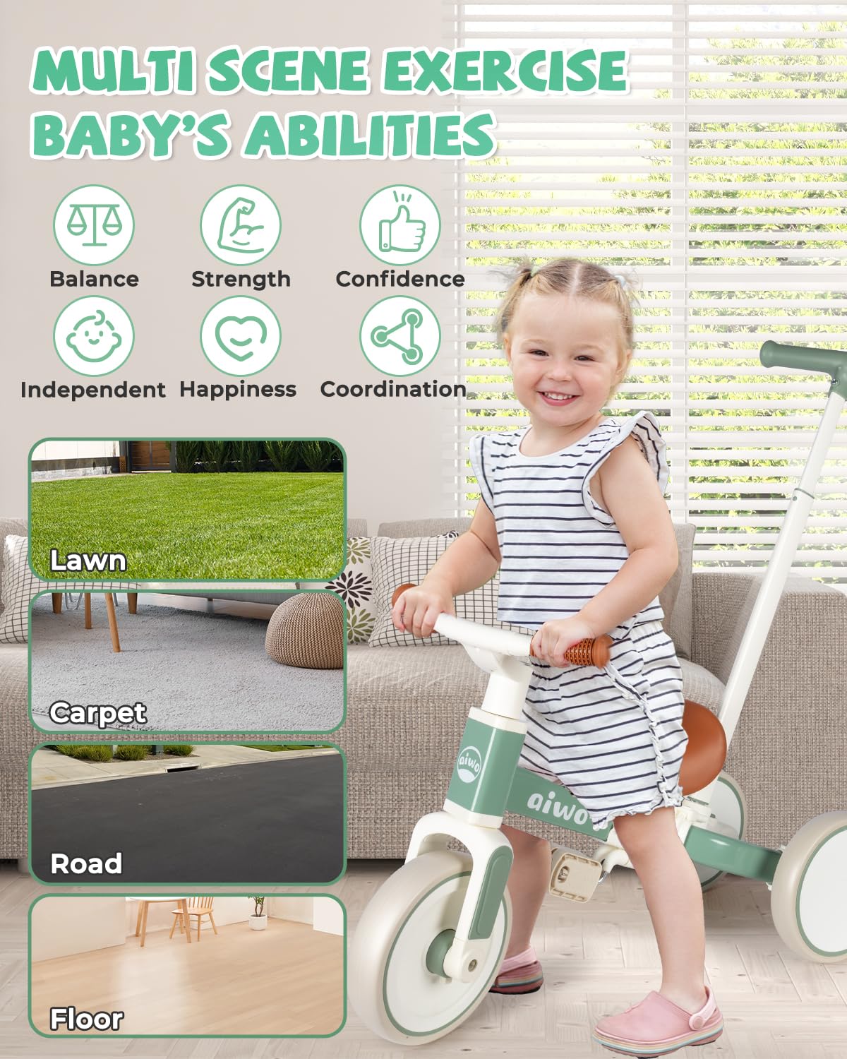 aiwo Tricycle for Toddlers 1-3, Baby Balance Bike with Pedal Conversion for 1 to 4 Year Old First Gift Ride on Toy, Kids Tricycle with Parent Steering Push Handle