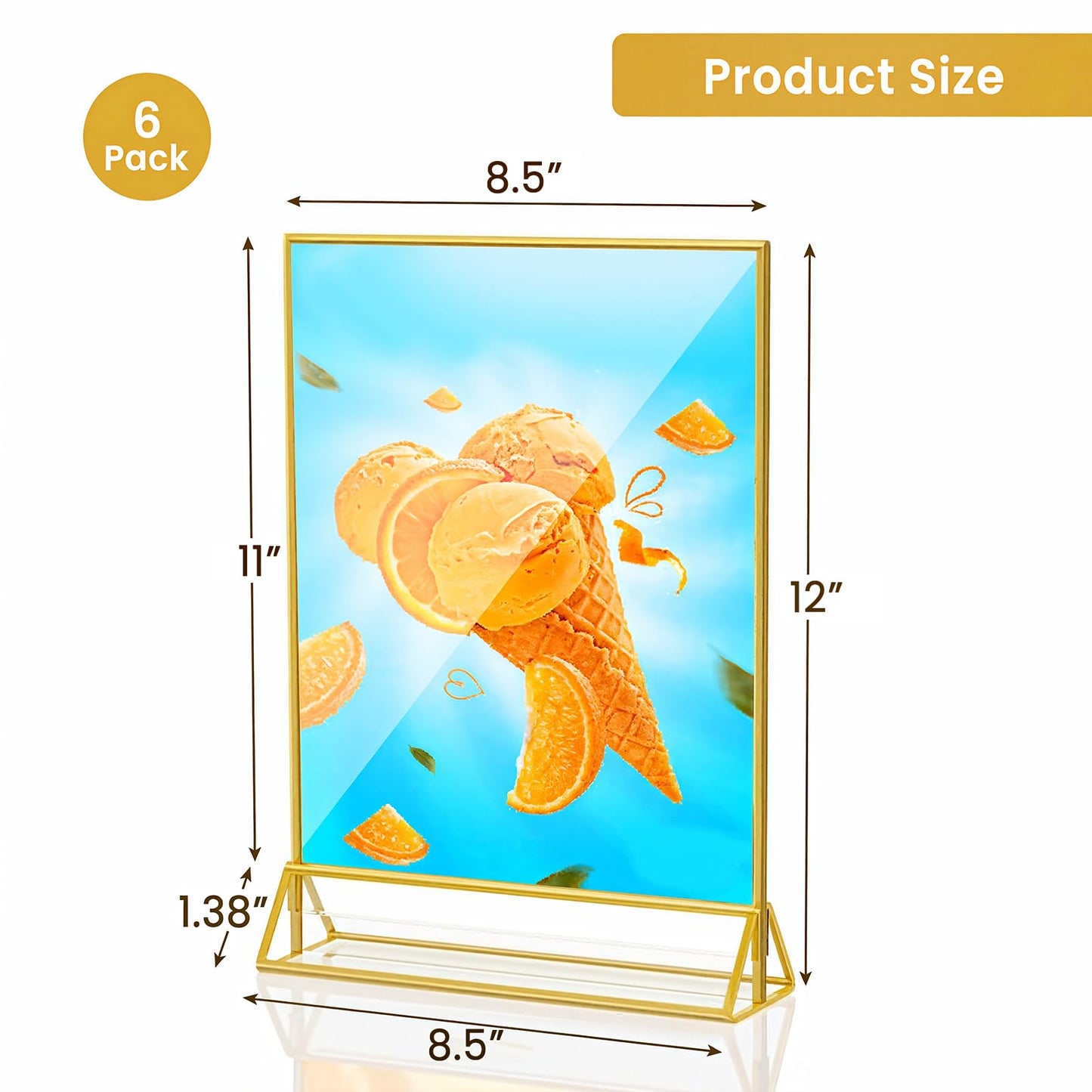 6 Pack Acrylic Gold Sign Holder, 8.5 x 11 Inch Clear Double Sided Picture Frame, Table Menu Display Stand Flyer Holder for Table Numbers, Photos, Restaurant, Wedding, Office (8.5 x 11 Inch)