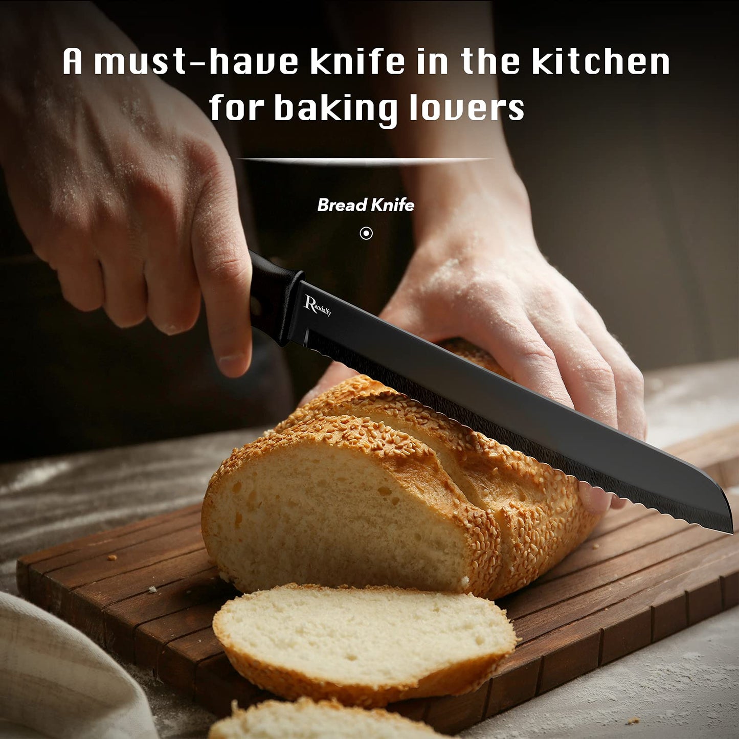 Randalfy Kitchen Knife Set with Block, 7 Pieces Chef Knife Set with Knives, Scissor, Block for Meat/Vegetables/Fruits Chopping, Slicing, Dicing&Cutting, Black