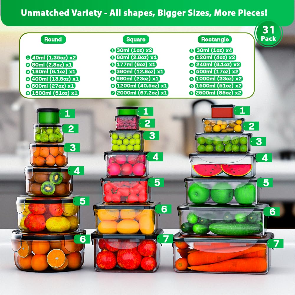 62 Pcs Large Food Storage Containers with Lids Airtight,Total19400ML(31 Containers&31 Lids)- Plastic Food Container for Kitchen Organization