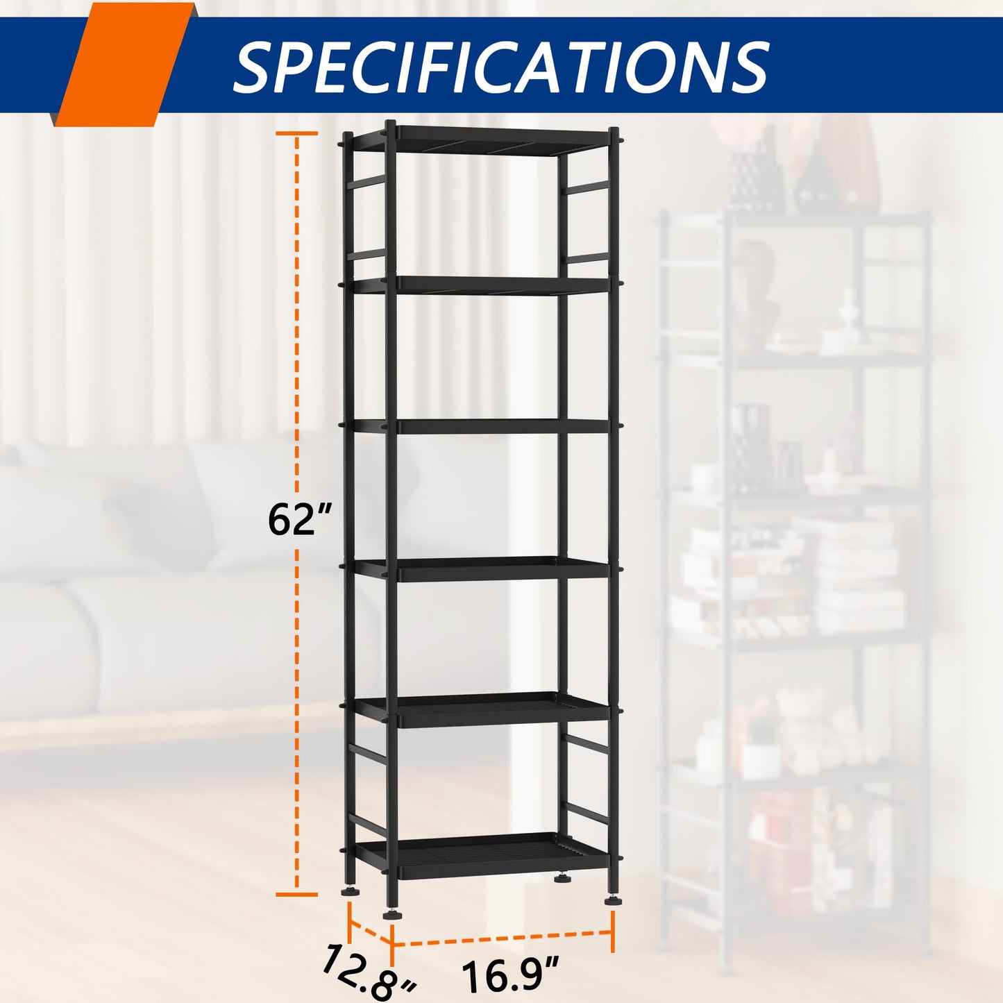 6 Tier Wire Shelving Metal Storage Rack Shelves, Standing Storage Shelf Units for Laundry Bathroom Kitchen Pantry Closet(Black)