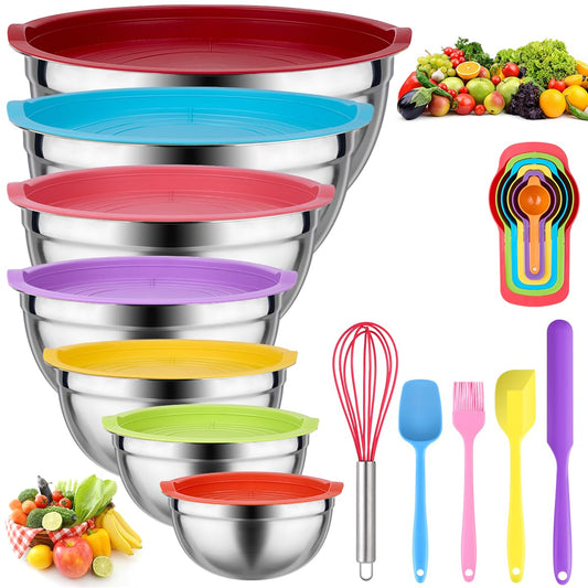 Mixing Bowls with Lids for Kitchen - 25 PCS Stainless Steel Nesting Colorful Mixing Bowls Set for Baking,Mixing,Serving & Prepping,Size 5, 3.7, 2.8, 2.3, 1.7, 1.1, 0.7QT,11 Cooking Utensils
