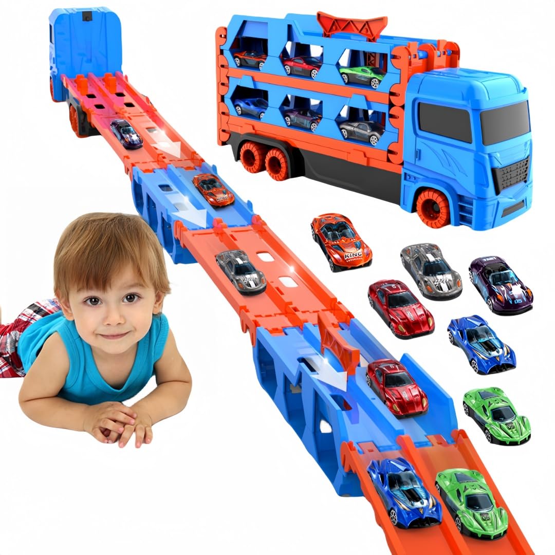 Bearbao Toddler Boy Toys for 2 3 4 5 6 Years Old Boys, 65 Inches Race Track for Boys Kids Die-Cast Transport Truck Car Toys, Toddler Car Toys Set for Kids Boy