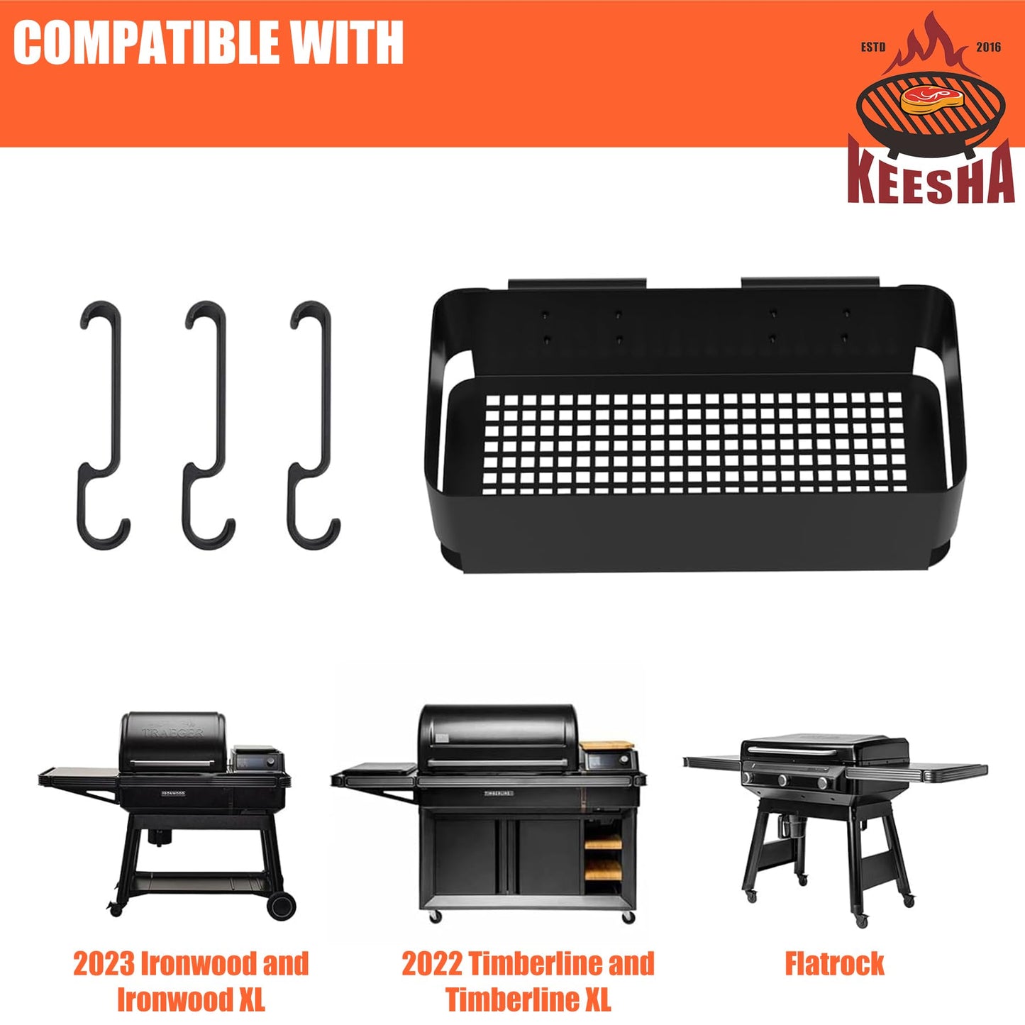 KEESHA P.A.L. Pop-and-Lock Accessory Rail Storage Box and Hooks for Traeger Timberline, Timberline XL,Ironwood, Ironwood XL, Flatrock, Traeger Z-Grills Pit boss, Ironwood 885 and Pro 22/34 Series