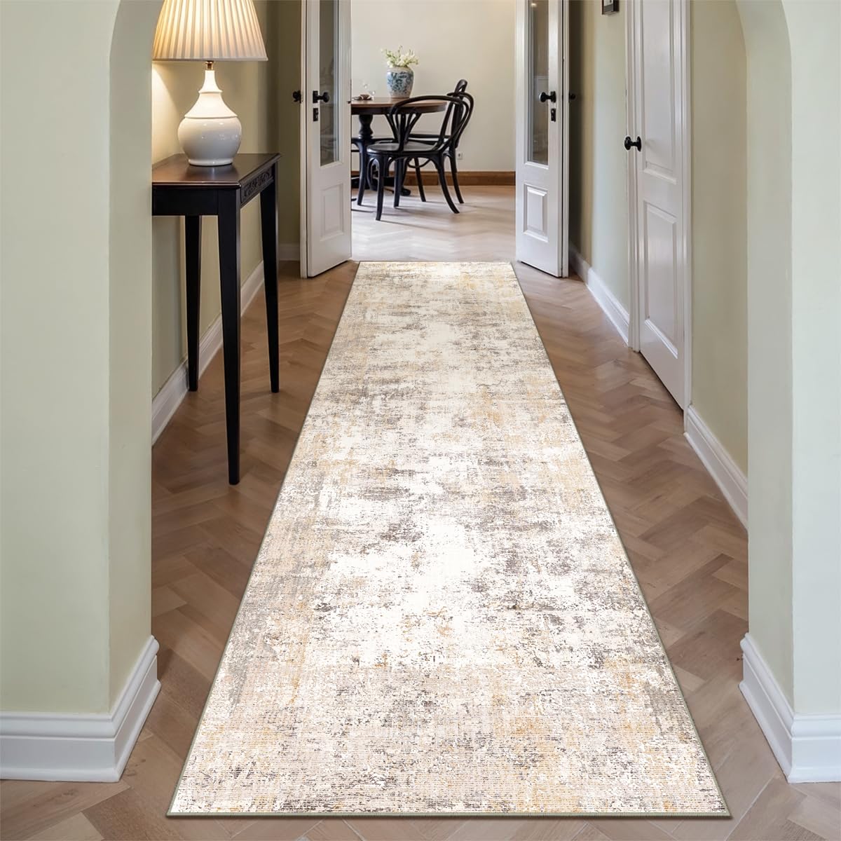 WondRg 3x8 Washable Runner Rug for Kitchen Hallway Non-Slip Beige Grey Neutral Carpet Low Pile Soft Thin Area Rug Abstract Modern Vacuumable Lightweight Long Runner for Bathroom Bedroom Indoor