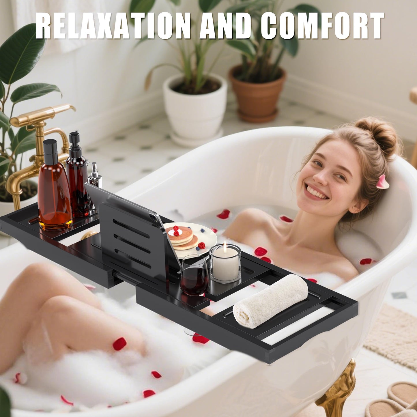 Bathtub Tray Caddy,Premium Bamboo Expandable Bath Tub Trays Table, Foldable Bathroom Accessories,Great House Warming, Anniversary and Birthday Gifts,Black