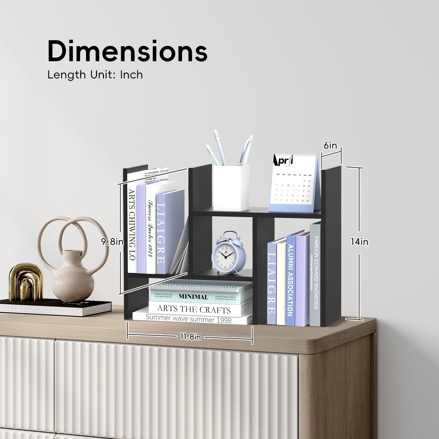 SUPEASY Wood Desk Shelf, Desktop Organizer Adjustable Desk Hutch, 5 Units, Desk Organizers and Accessories, Book Shelf Organizer for Home, Office, 16" L x 15.8" H x 6.8" W, Black