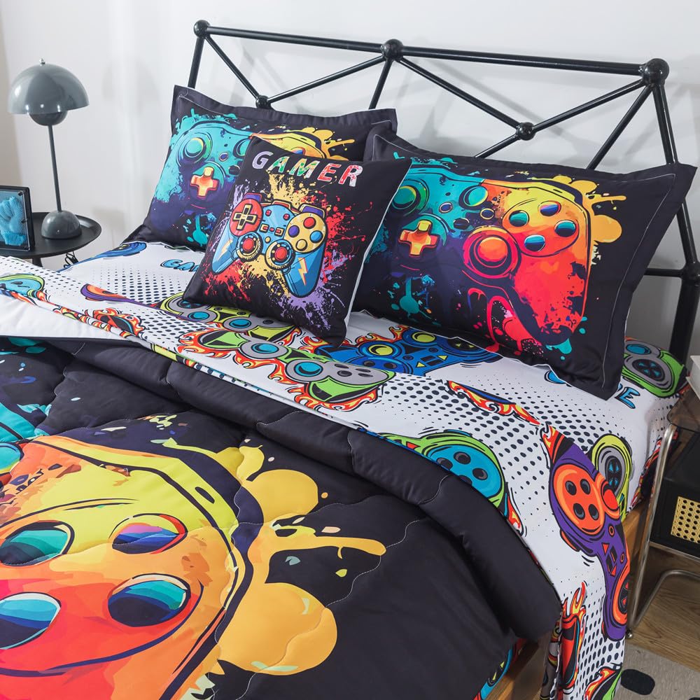 ADASMILE A & S 6Pieces Gamer Bedding for Boys Twin Size Gmer Comforter Set Kids Video Game Bed in A Bag with Gamepad Sheets All Season Gaming Controller Bed Set with Pillowcases