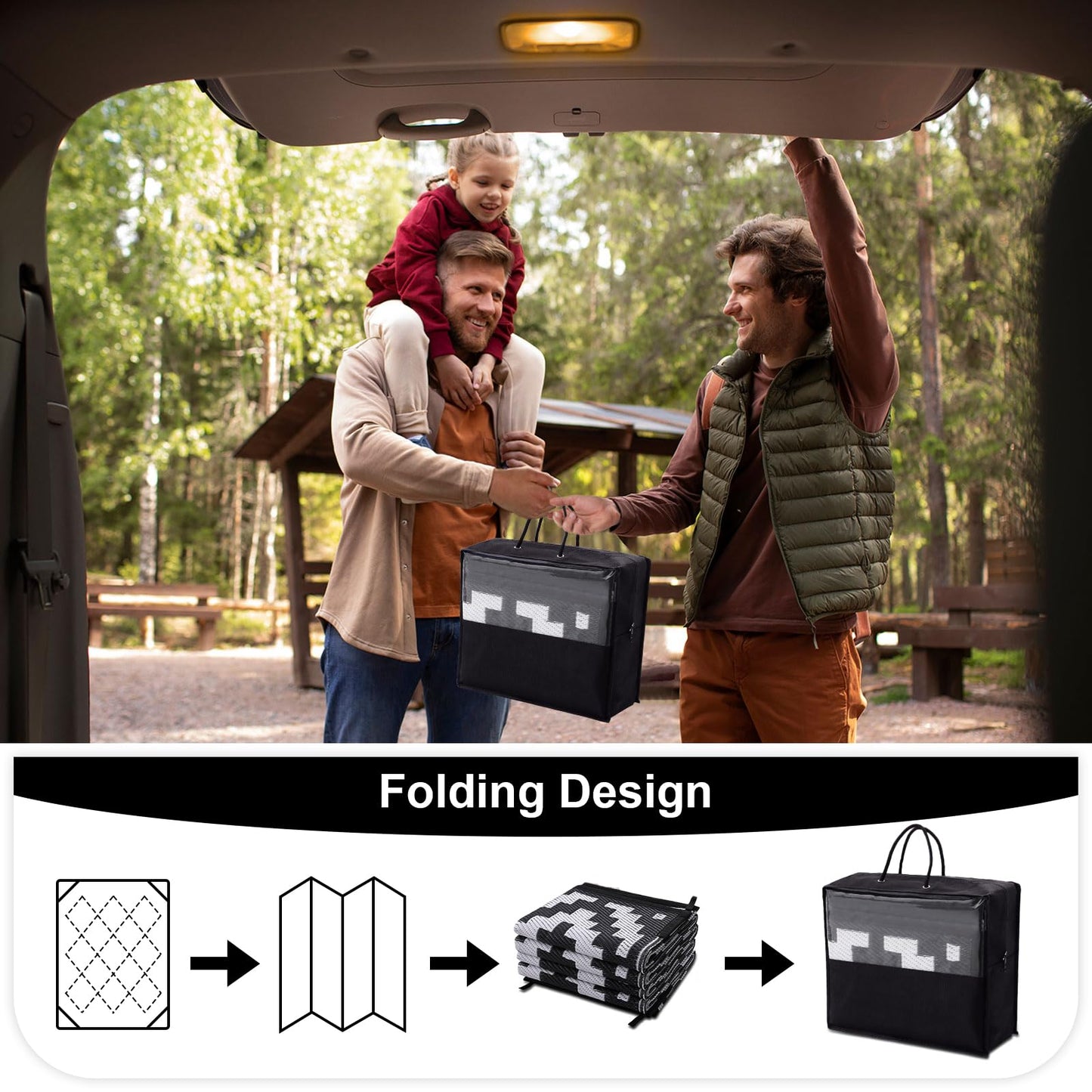 OLANLY Outdoor Rug Waterproof Reversible 5x8 ft, Durable Plastic Straw Patio Camping Carpet, Large Foldable RV Mat for Backyard, Deck, Picnic, Camper, Bench, All-Weather, Lightweight, Black & White