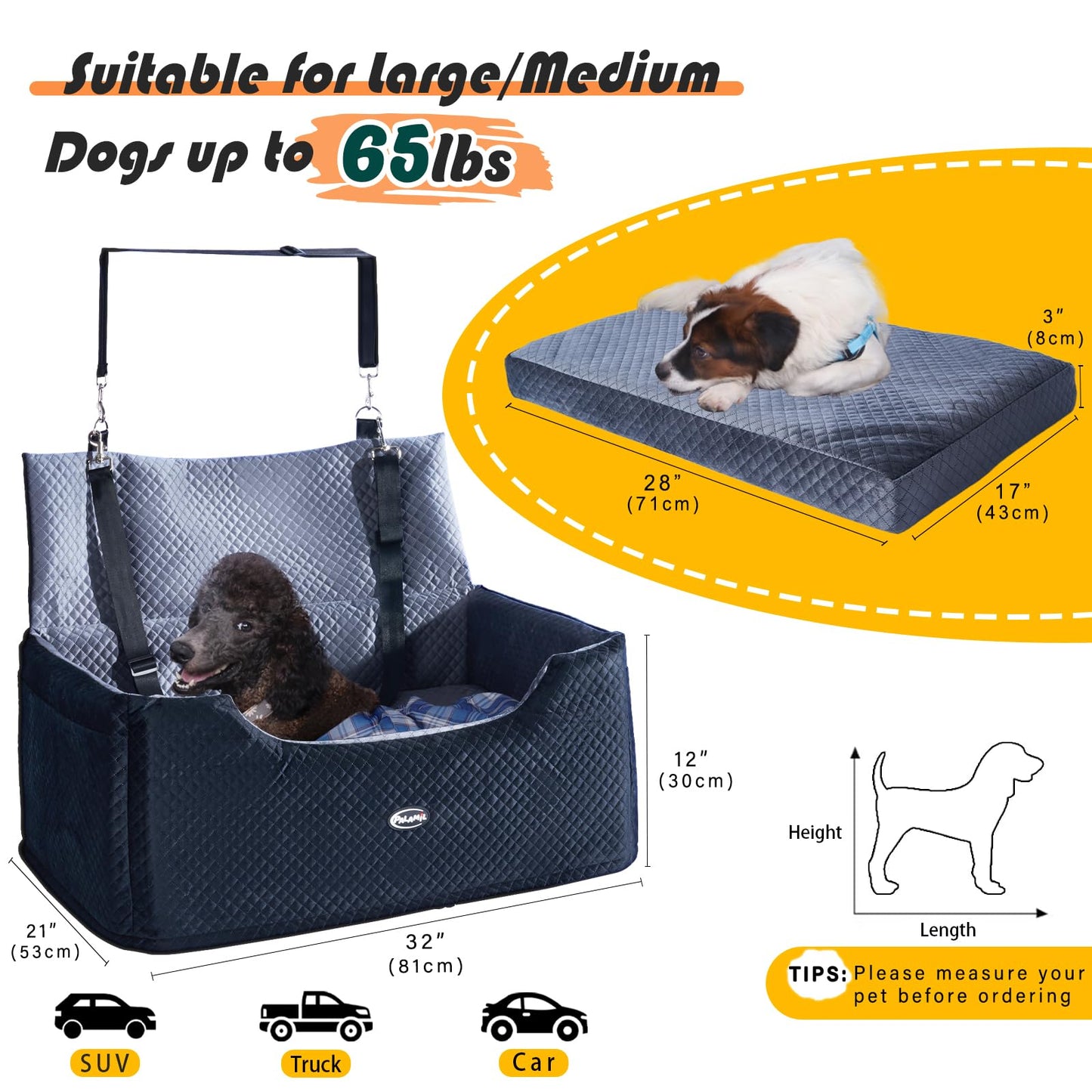PALAMIL Dog Car Booster Seat for Large/Medium Dogs or 2 Small Dogs, Waterproof Elevated Pet Car Seat with Thick Cushion and Storage Pockets, Black/Grey