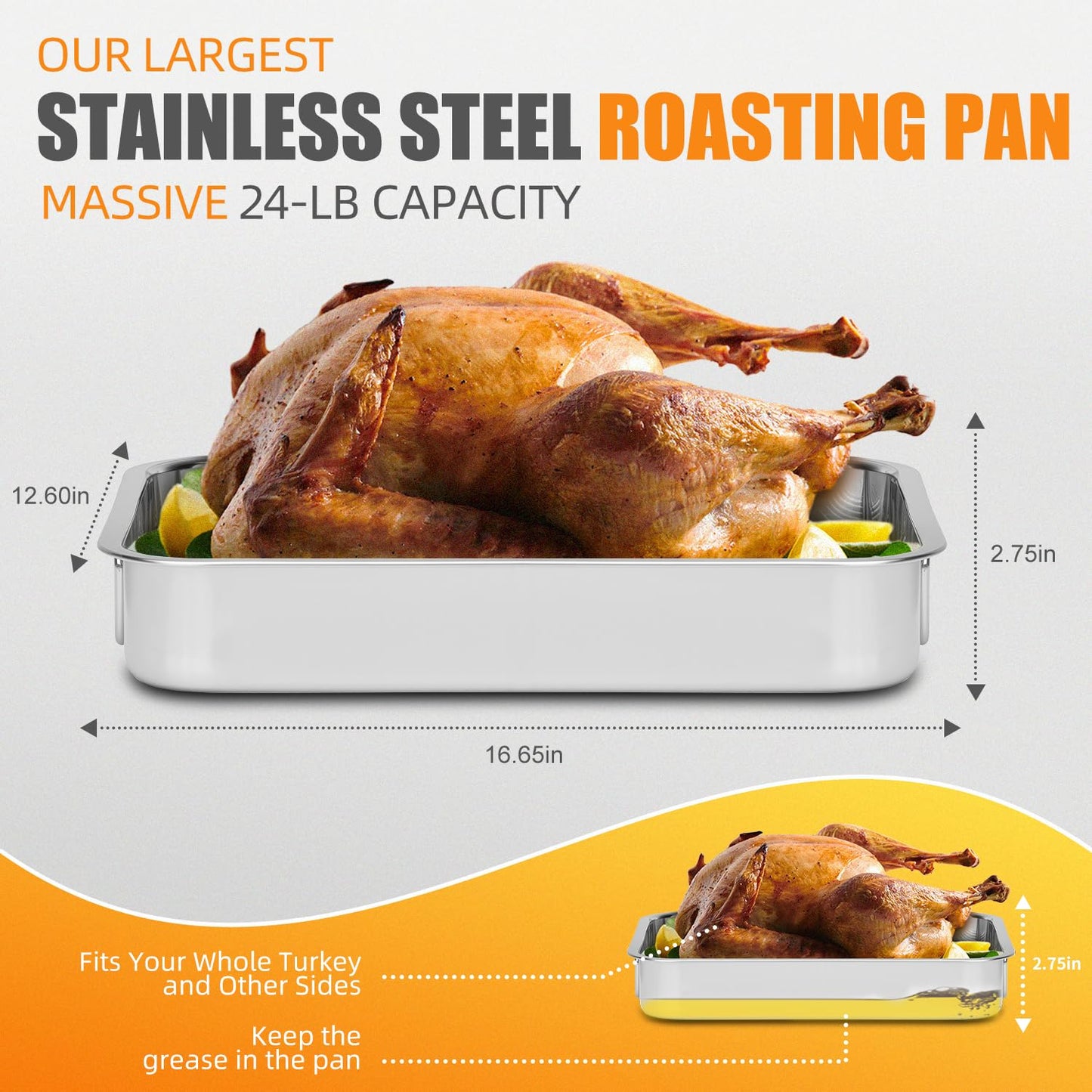 Stainless Steel Roasting Pan High Sided Easy to Clean Induction Roast Tray for Chicken