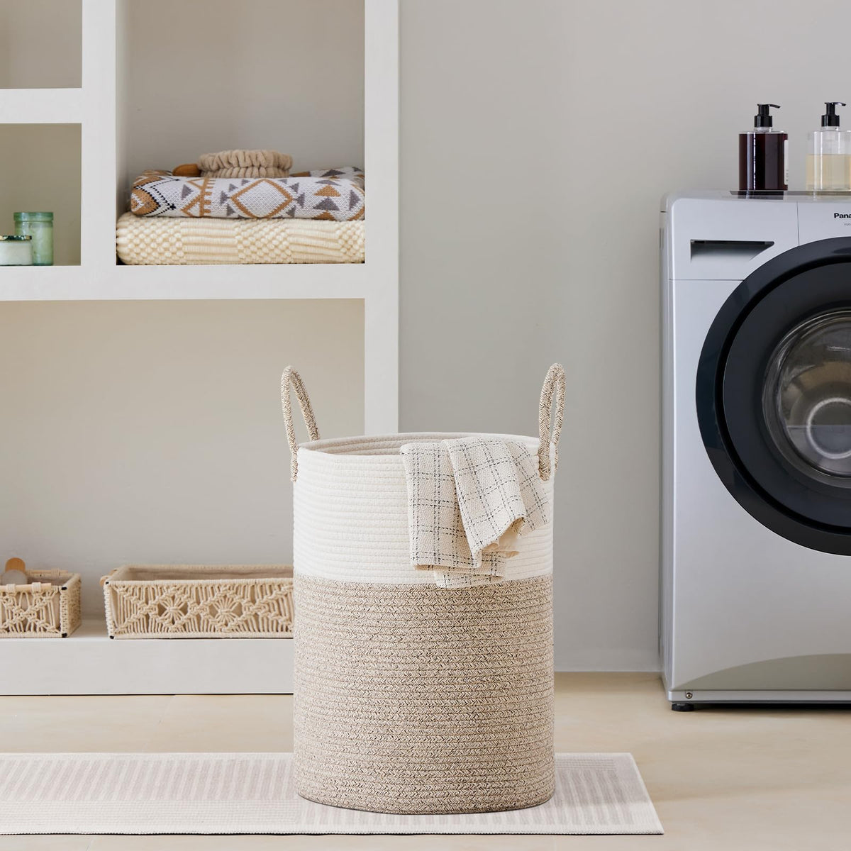 VIPOSCO 58L Tall Laundry Hamper, Woven Basket for Living Room, White Brown