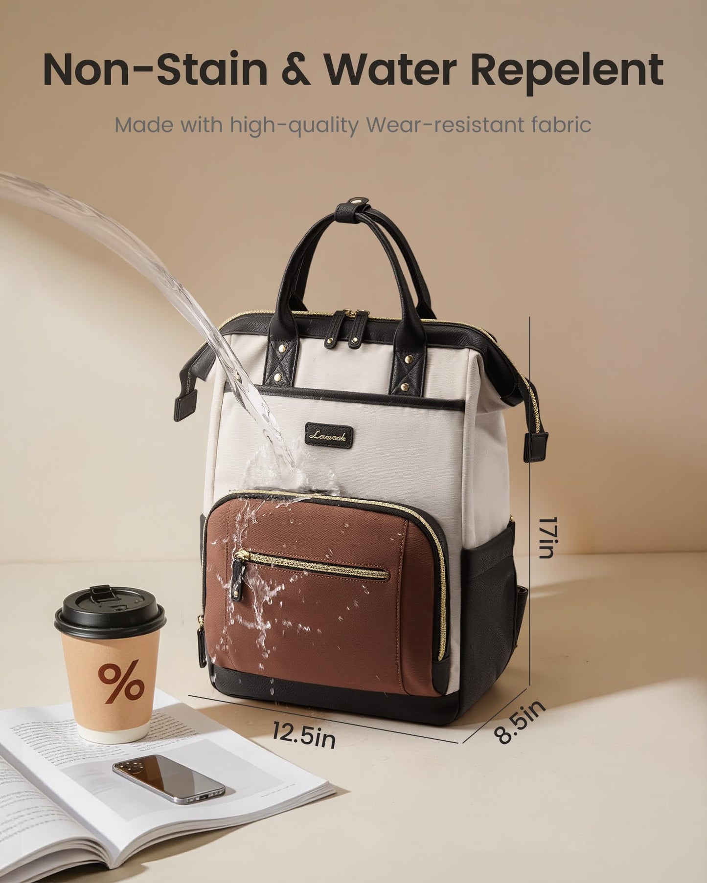 LOVEVOOK Laptop Backpack for Women, Beige-black-brown, 15.6 Inch, College Commuter Laptop Travel Work Computer Teacher Business Carry on Backpack