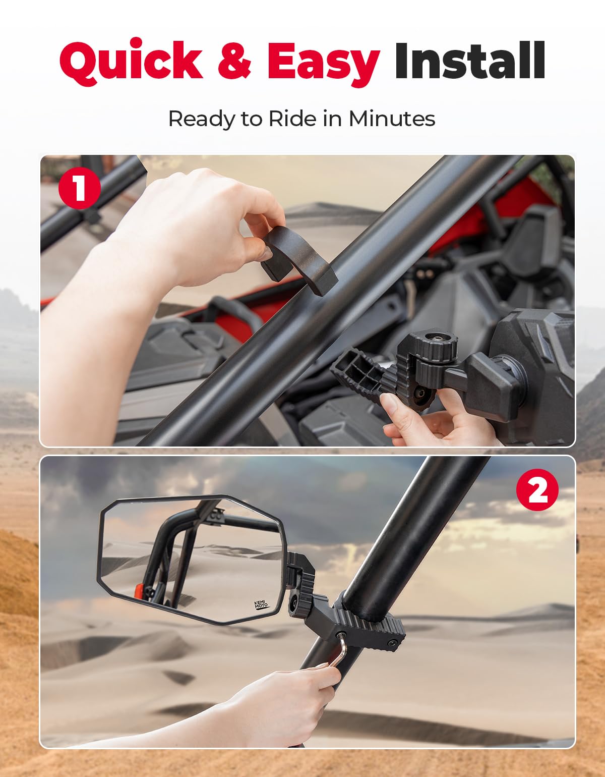 KEMIMOTO UTV Side Mirrors, UTV Mirrors for 1.65"-2" Roll bar, Adjustable Mirror Compatible with Polaris RZR, Can Am Maverick X3, Pioneer, Talon, Teryx, Gator, CFMOTO