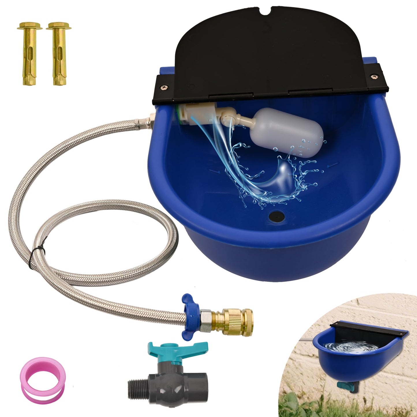 Boajf Automatic Water Dispenser for Dogs, with Drainage System & Auto Fill, 1 Gallon Plastic Outdoor Pet Waterer, Includes Drain Valve, Float Valve, Hose Quick Connector, for Horse, Chicken (Blue)