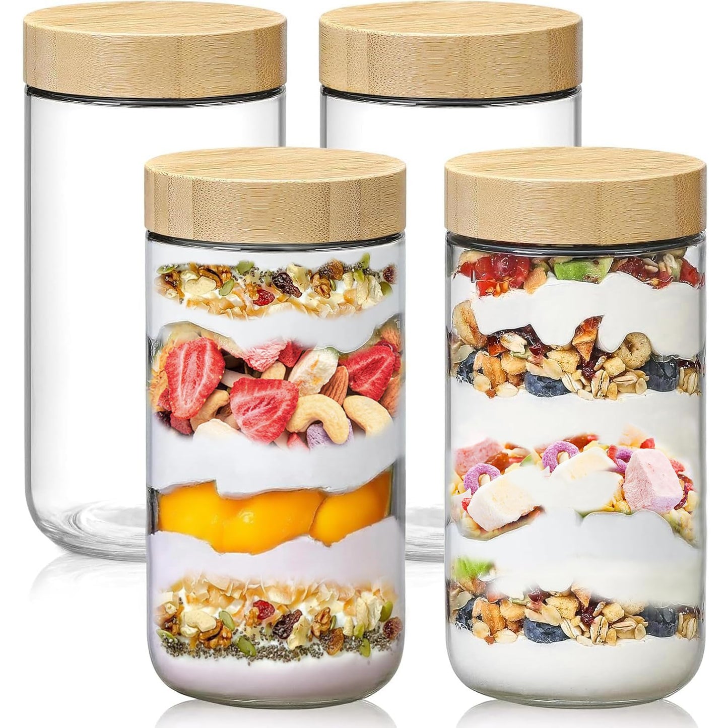 Oillase 4-pack 24oz Glass jars with Airtight Lids, Overnight Oats Containers with Bamboo Lids, Wide mouth Mason Salad jars, Glass Food Storage Containers for Snacks Yogurt Spice Sugar