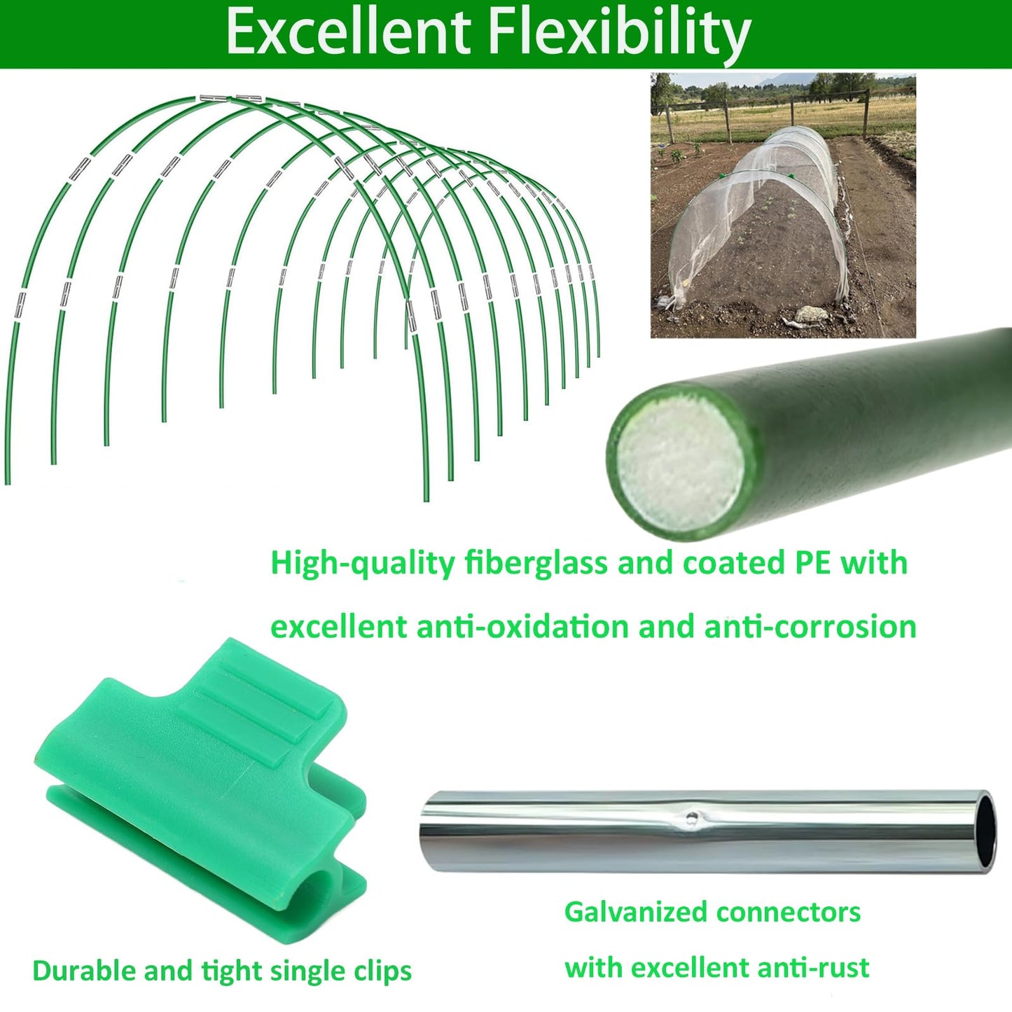 10 Sets of Durable 7 mm Fiberglass Garden Hoops for Row Cover Netting, Heavy Duty Greenhouse Hoops Grow Tunnel for Garden Netting, Flexible Garden Hoop Rods, DIY Plant Supports for Vegetables Flowers