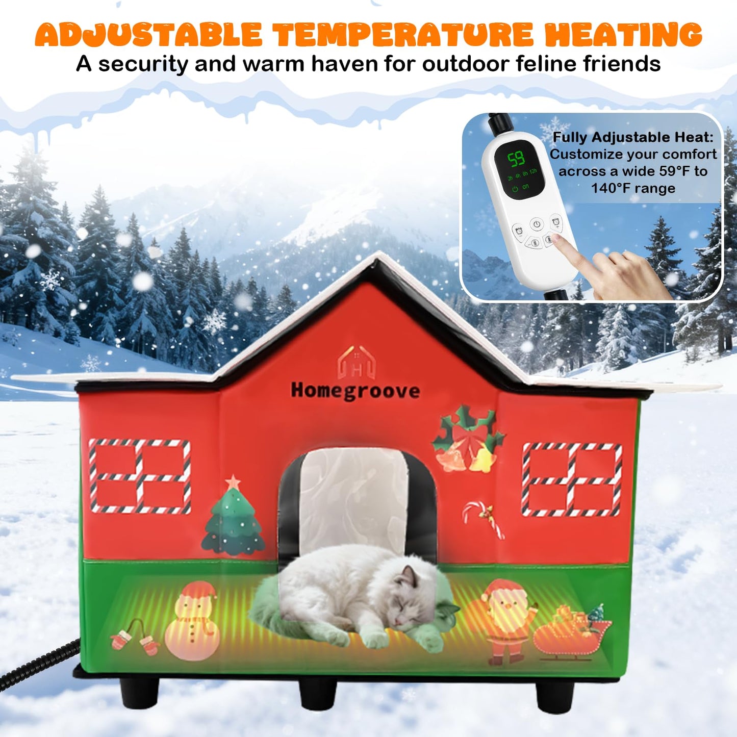 Homegroove Christmas Heated Cat House for Outside - 25 x 17 x 18 inches Festive Weatherproof & Insulated Outdoor Shelter with Heating Pad, Skylight for Stray & Feral Cats
