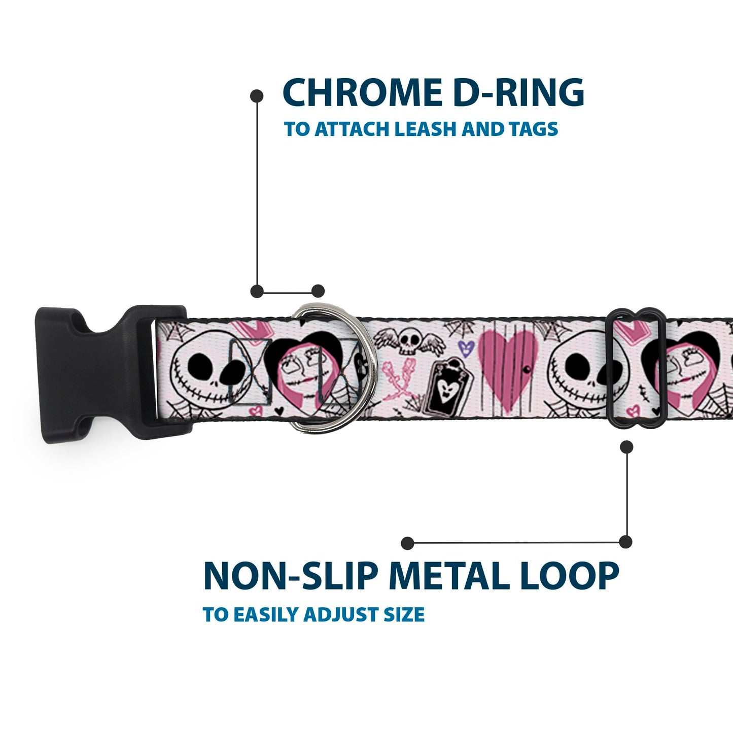 Disney Pet Collar, Dog Collar Plastic Buckle, The Nightmare Before Christmas Jack and Sally Doodles Pink, 8.5 to 12 Inches 0.5 Inch Wide