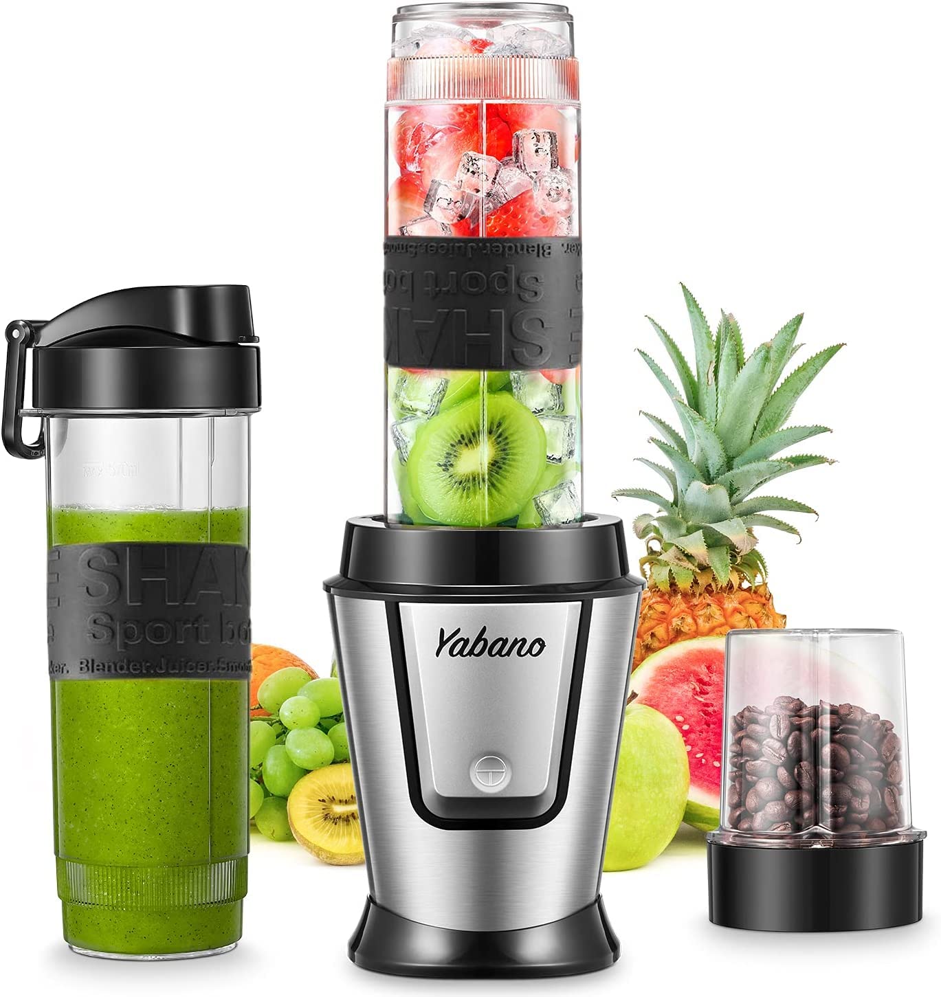Yabano Personal Blender with 2 x 20oz Travel Bottle and Coffee/Spices Jar, Portable Smoothie Blender and Coffee Grinder in One, 500W Single Serve Blender for Shakes and Smoothies, BPA free (Black)