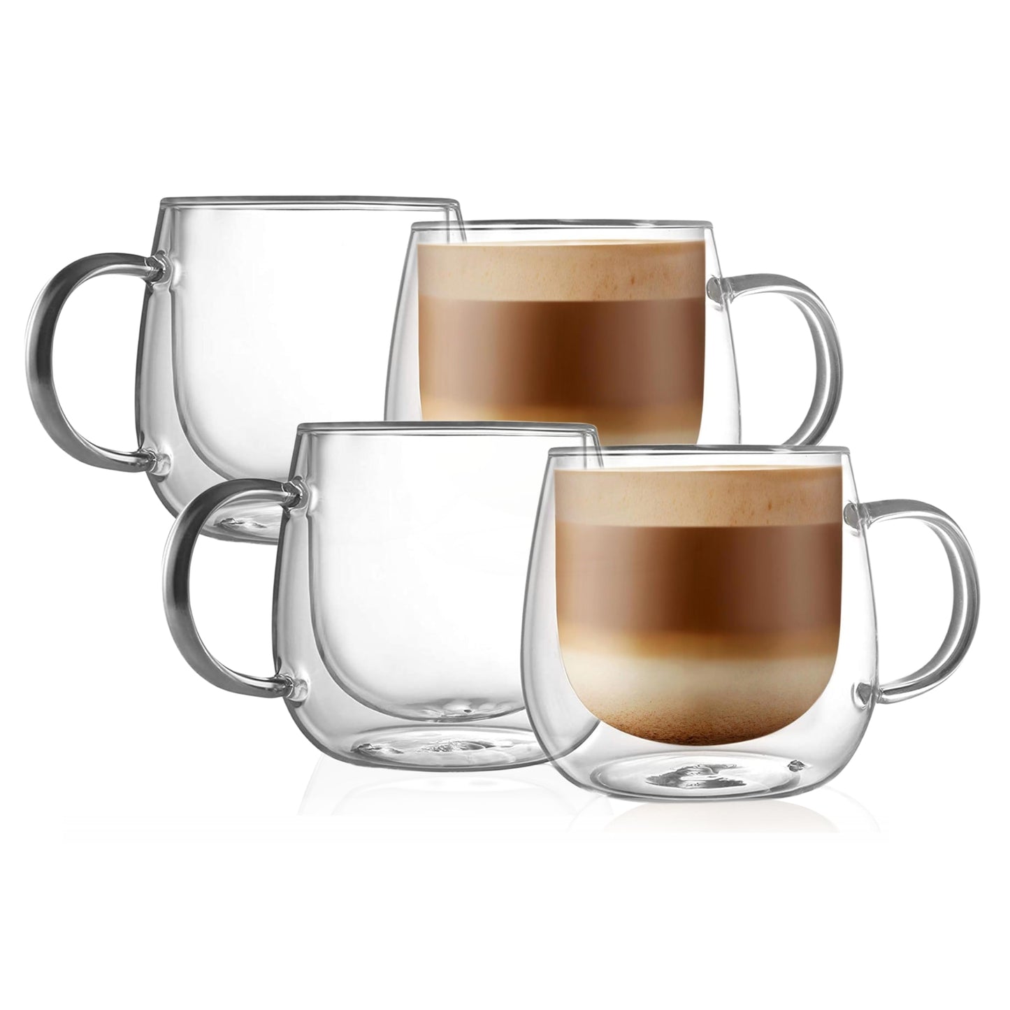 CNGLASS 16oz Double Walled Glass Coffee Mugs(4-Pack),Large Clear Coffee Cups with Handle,Glass Espresso Mugs for Latte,Cappuccino,Tea