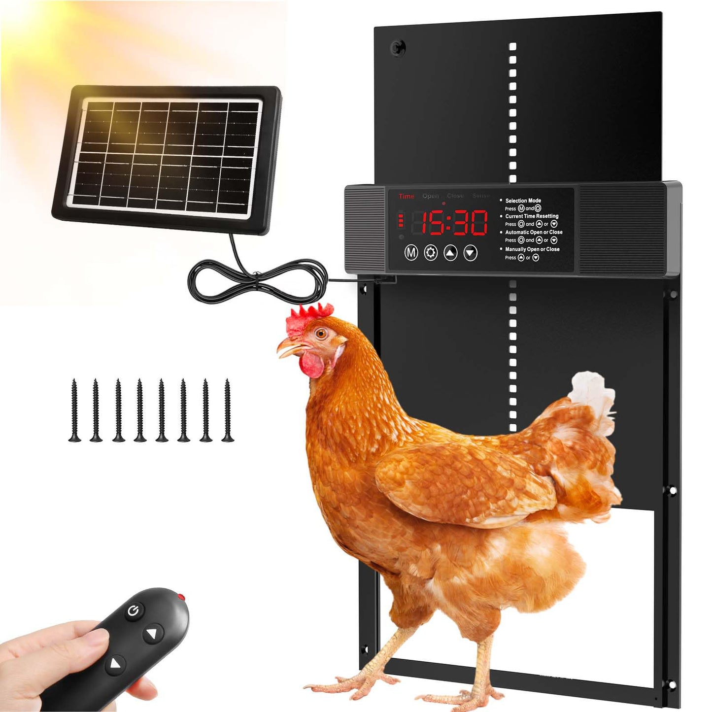 APODESS Automatic Chicken Coop Door Solar Powered, Auto Chicken Door with Timer, Manual and Light Sensor Mode, Remote Control, LCD Display, Aluminum Chicken Coop Door with Anti-Pinch, Weather Proof