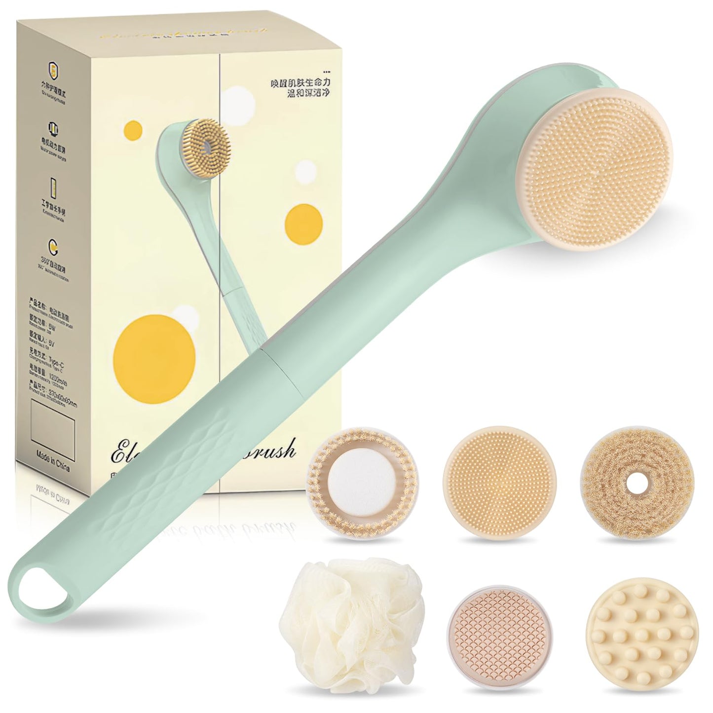 LINGSFIRE Electric Body Brush Bath Brush Rechargeable Back Scrubber for Shower Exfoliating Bath Brush Long Handle for Shower Lotion Applicator for Back Silicone Body Scrubber With 6 Shower Brush Heads
