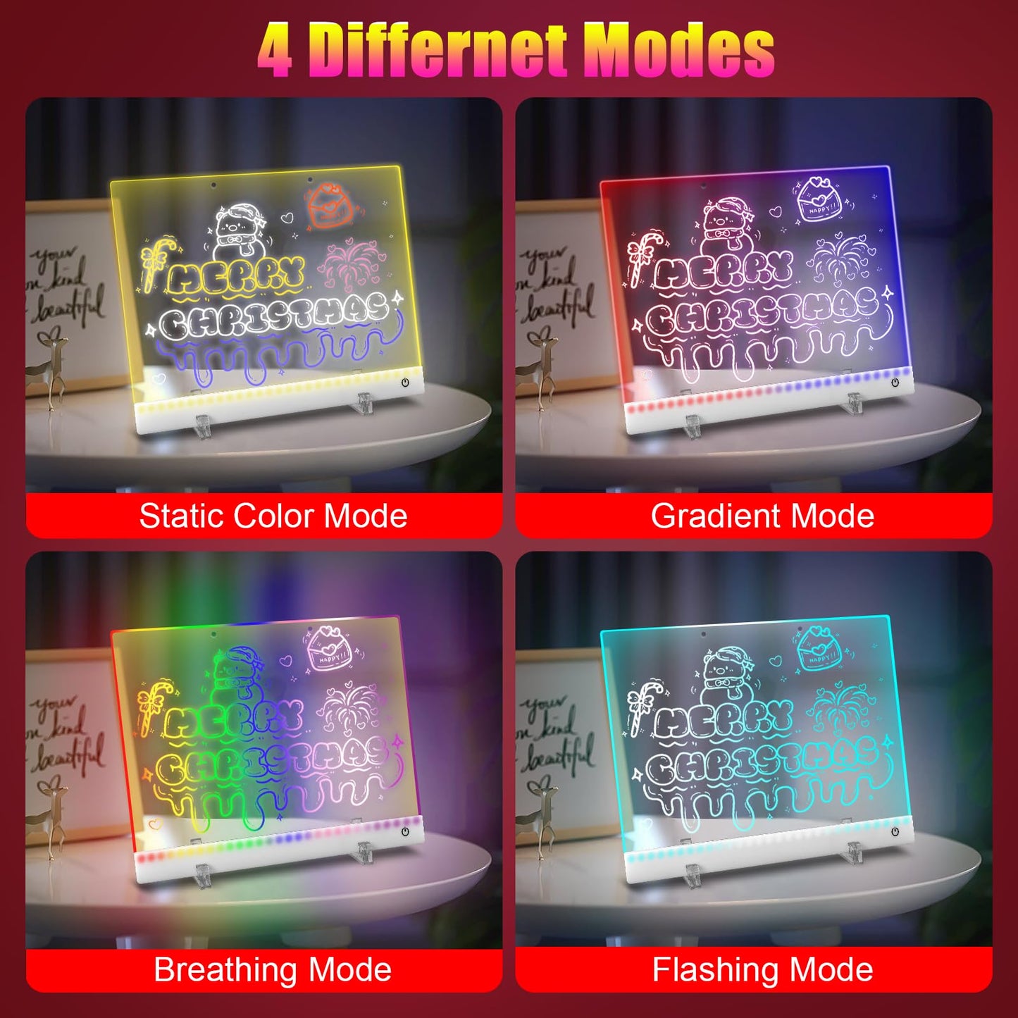 Rechargeable LED Note Board with 4 Modes,7 Colors LED Drawing Board,Acrylic Dry Erase Board with Light,As Night Light for Room/Store/Office,Ideal Gift for Christmas,Valentine's Day,30 * 20cm