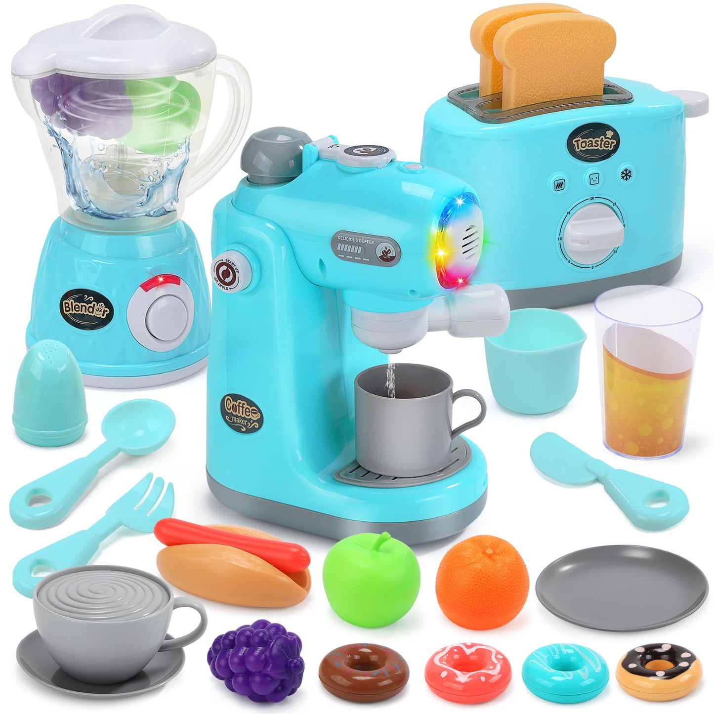 CUTE STONE Kids Play Kitchen Appliances Set, Pretend Kitchen Toys with Coffee Maker, Blender & Toaster, Realistic Sounds and Light, Includes Play Food & Accessories for Toddler Boys & Girls Ages 3+
