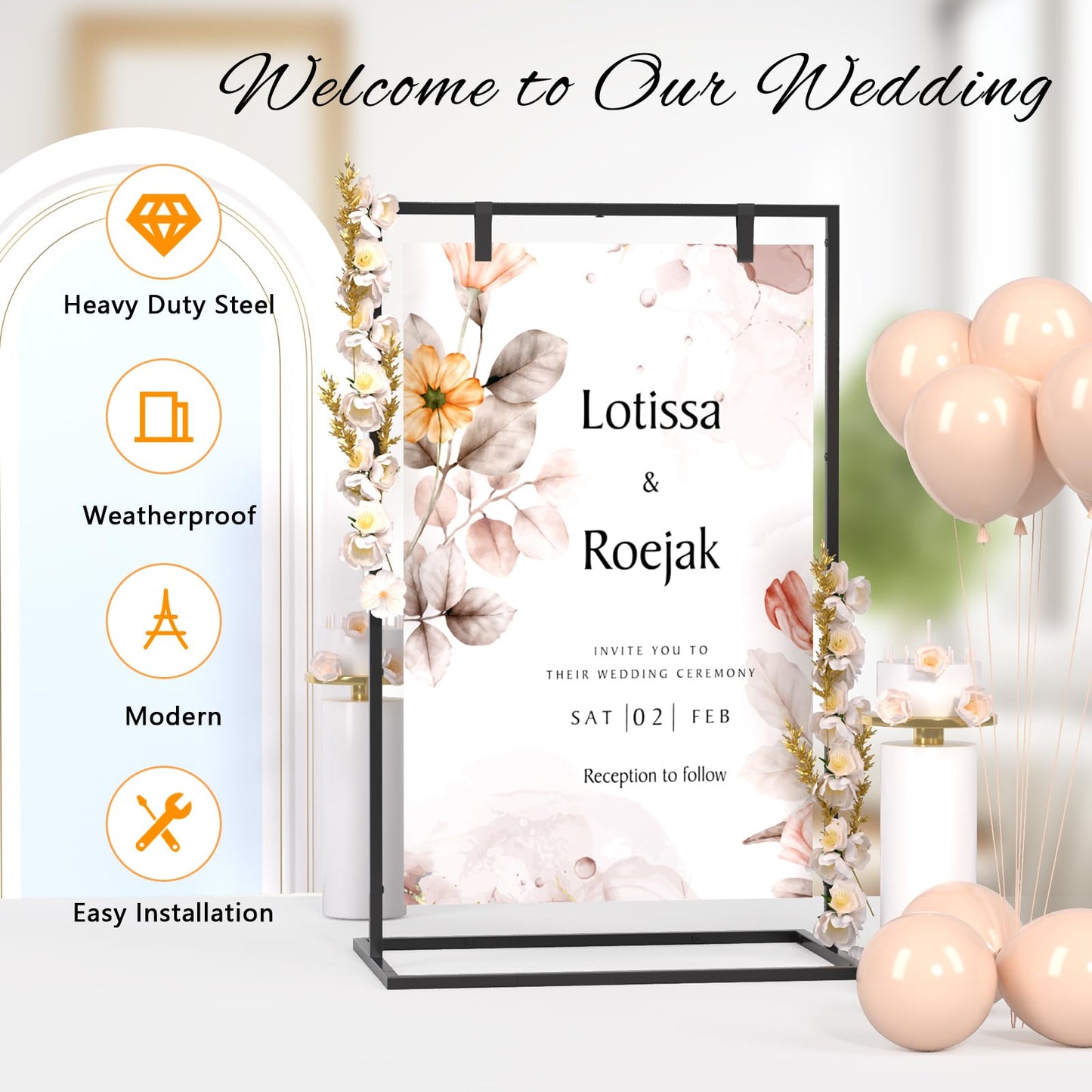 Cathyeen Wedding Welcome Sign Stand, 50”x30”x 20” Heavy Duty Easel Stand for Sign with 8 Pair Satin Ribbon & 2 Leather Strap, Welcome to Our Wedding Sign Holder, Metal Floor Standing Easels for Signs