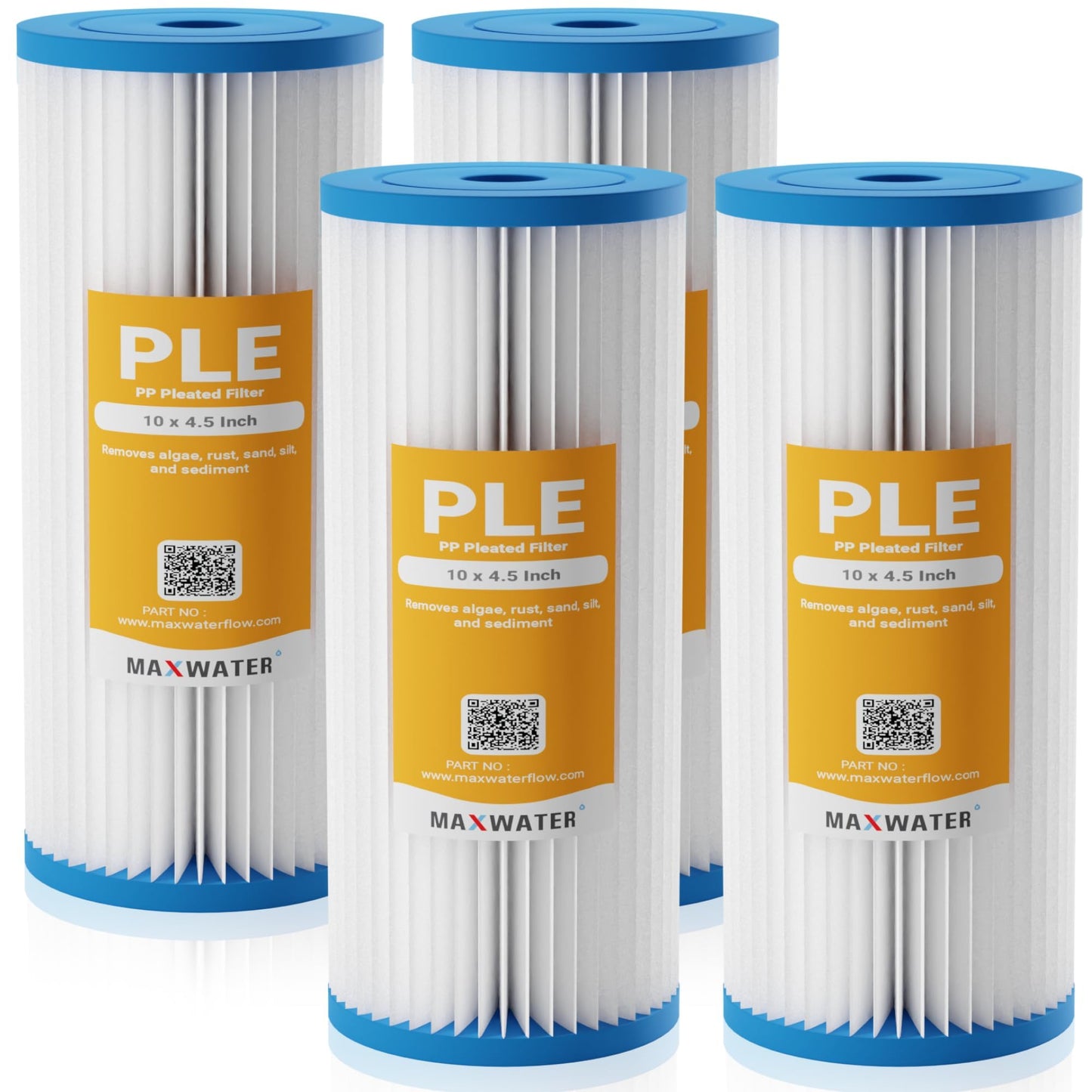 Max Water 10 Micron 10 x 4.5 Pleated Sediment Water Filter, Washable Replacement Cartridge for 10" BB Whole House Systems Compatible with R50-BBSA, FXHSC, WFHDC3001, W50PEHD, GXWH40L (4 Pack)