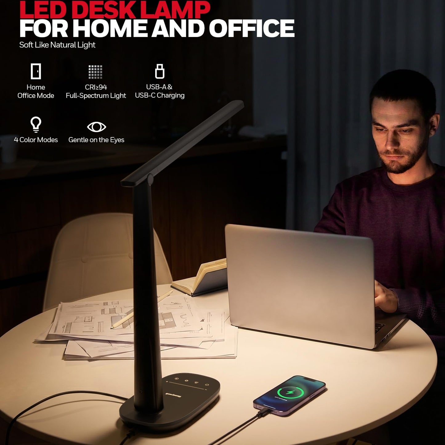 Honeywell LED Desk Lamp for Home Office, Dimmable Desk Light with USB A+C Dual Charging, 4 Modes Brightness Touch Lamp with Timer, Eye Caring Foldable Reading Light, Table Lamp for Study Nightstand